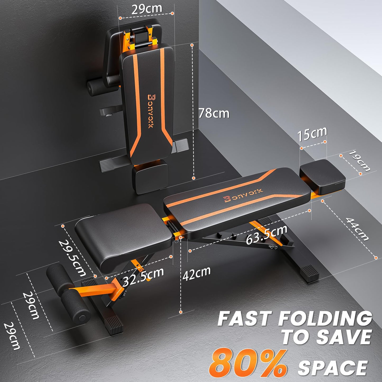 350KG folding weight bench - Bonvork workout bench with 1.6MM Thickened Steel, Incline bench for home gym, adjustable weight bench, Flat Decline Bench Press Bench (with headrest)