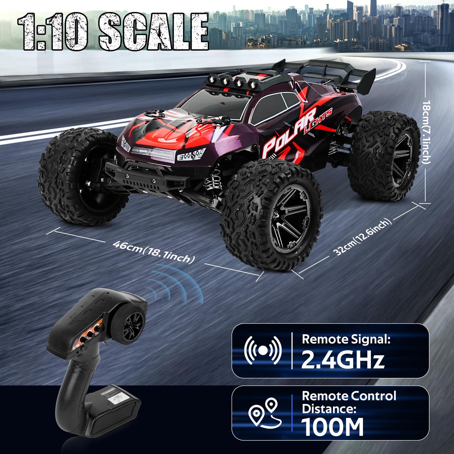 JOYTREKY Remote Control Car, RC Car 1:10 Monster Truck 2 Battery 45KM/H 2.4GHz Gift for Teens Adults Off-road Vehicle