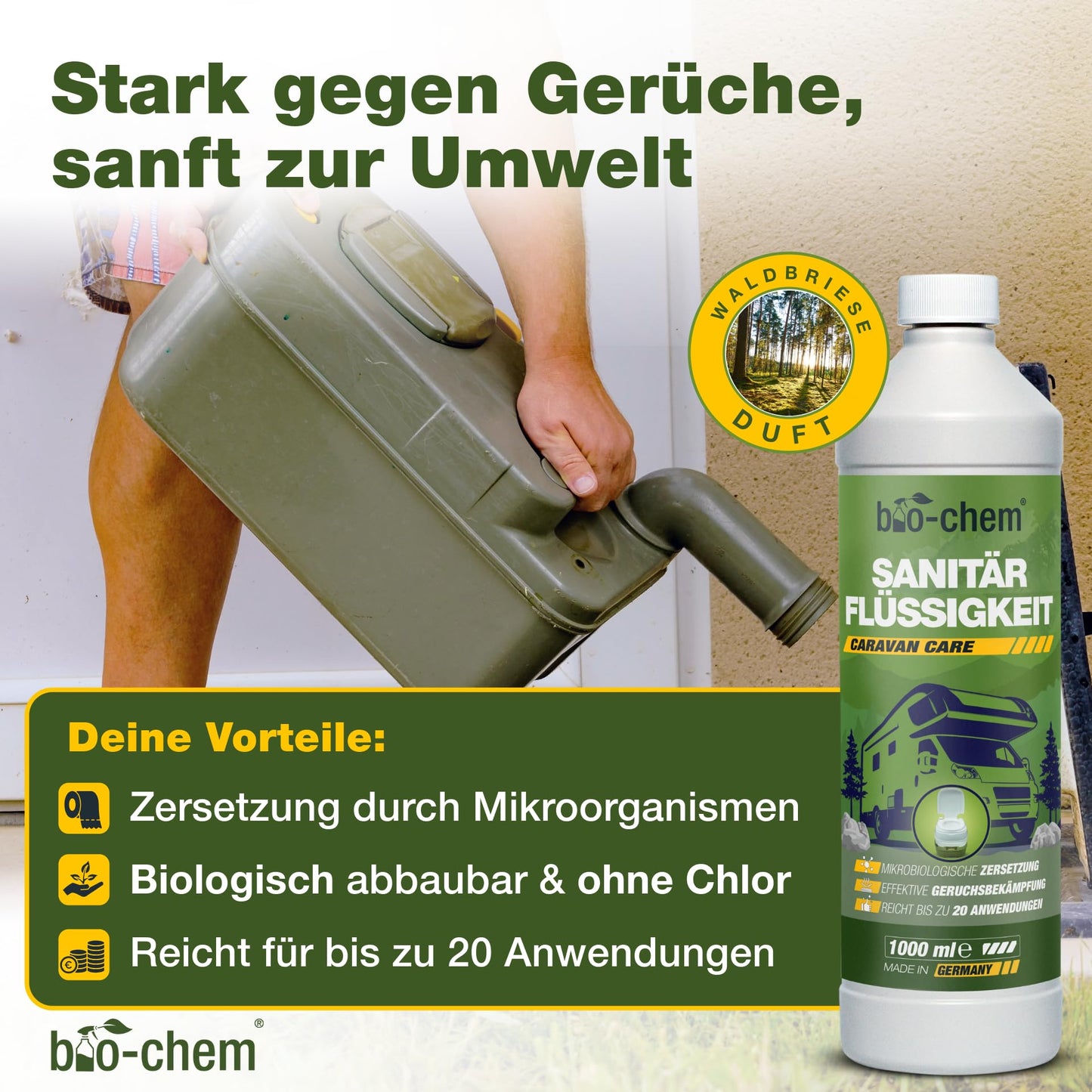 Bio-chem camping toilet additives: Microbiological sanitation liquid 1L + flushing water additive 1L including dosing cup - Sanitation additive for camping toilet, portable toilet, chemical toilet - Made in GER.
