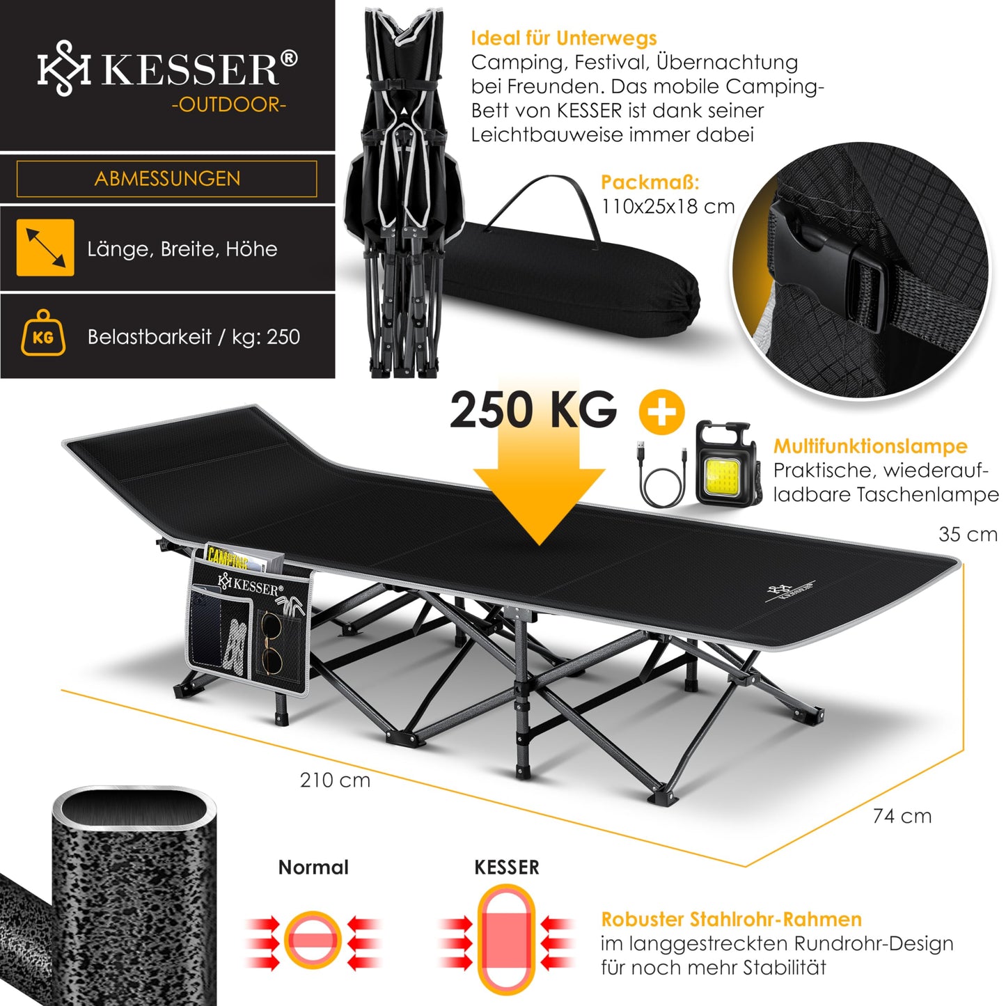 KESSER® Folding Camping Bed with Carry Bag + Side Pocket 210 x 74 x 35cm, supports up to 250kg. Made of sturdy metal frame and 600D Oxford fabric. Portable and comfortable for travel.