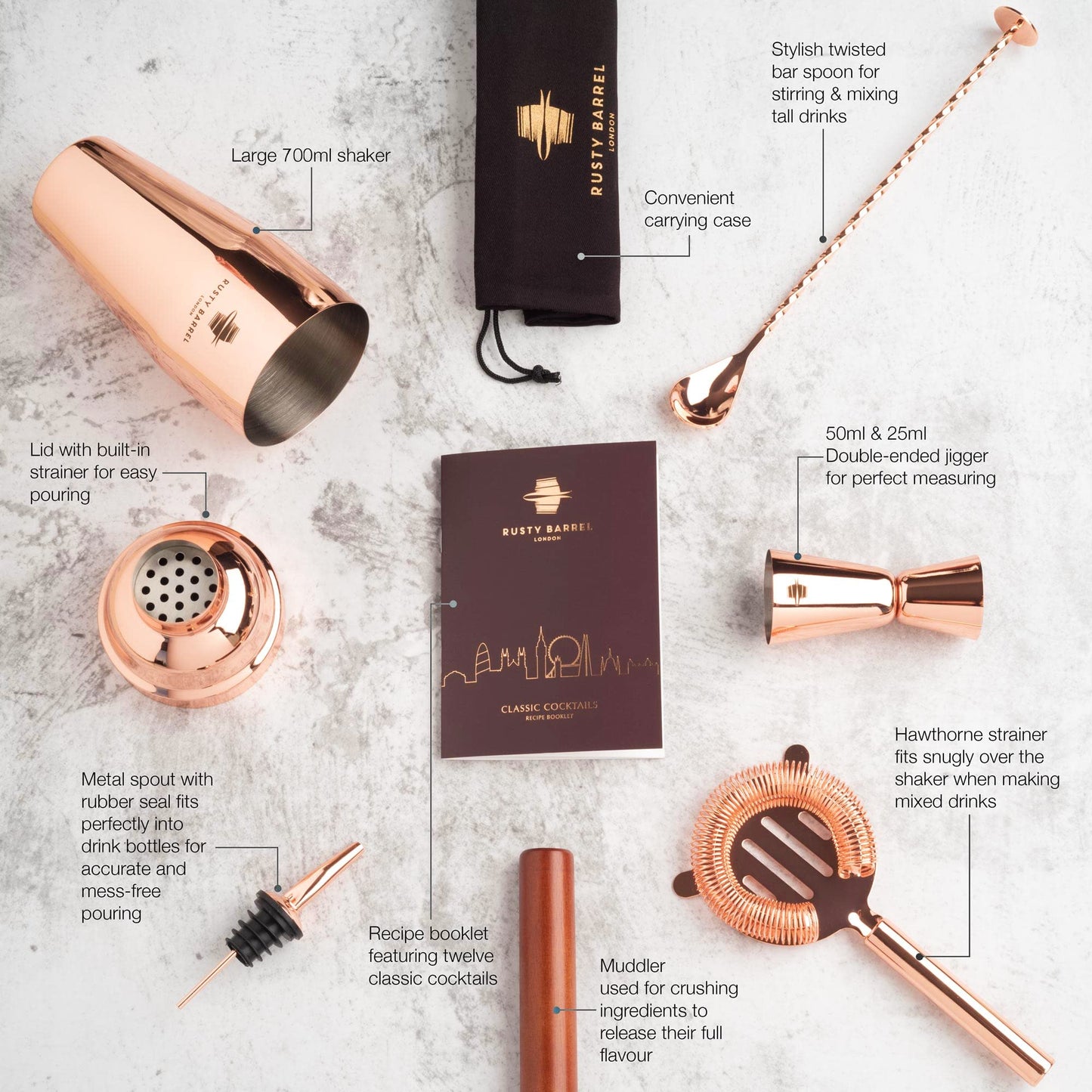 Rusty Barrel Chelsea Cocktail Set for Mixing - Rose Gold Gift Set Manhattan Stainless Steel Cocktail Shaker, Muddler, Strainer, Jigger, Pourer, Spoon, Bag, and Recipe Book - with Gift Box