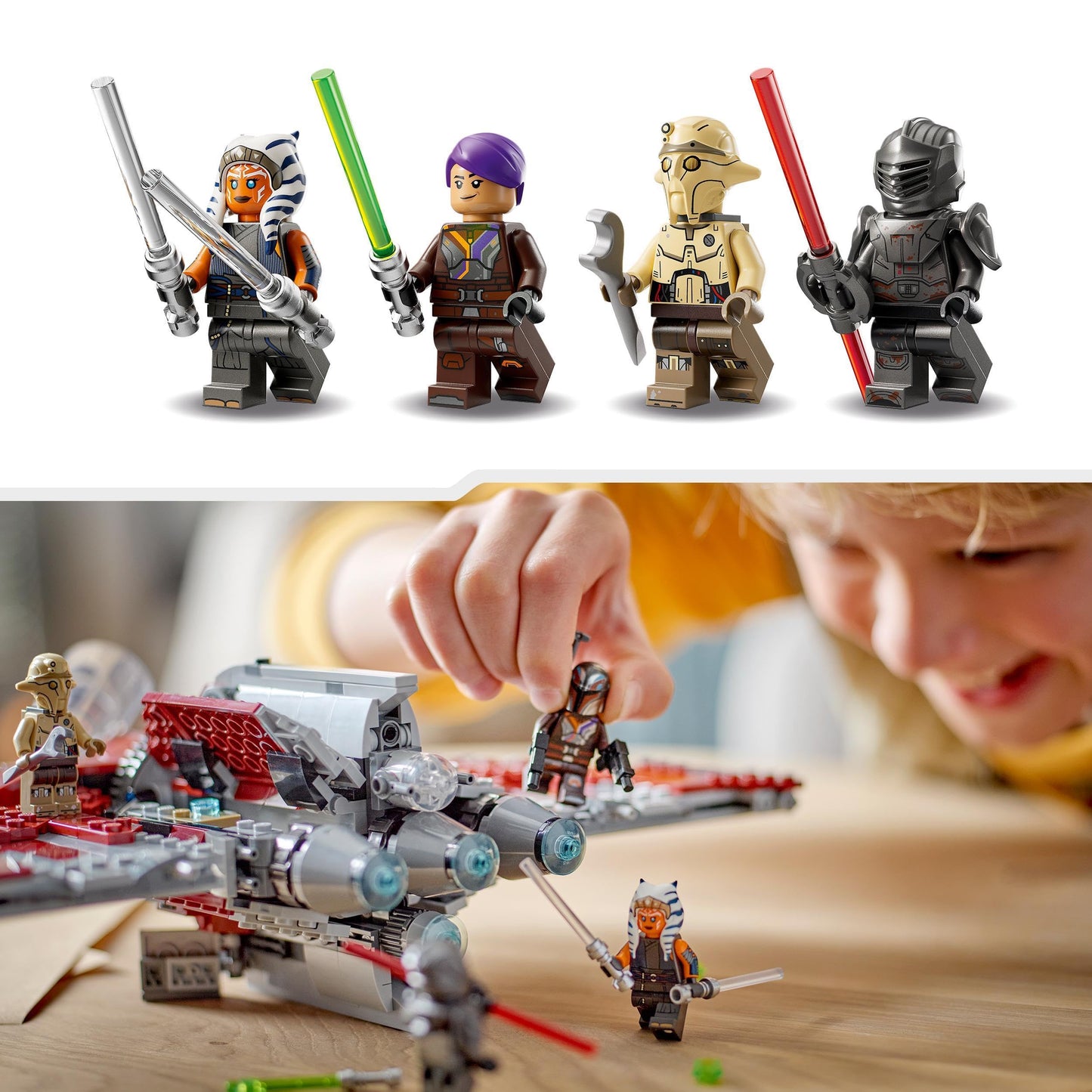 LEGO Star Wars Ahsoka Tano's T-6 Jedi Shuttle Set, buildable spaceship toy with 4 minifigures including Sabine Wren and Marrok with lightsabers, gift for Ahsoka series fans 75362