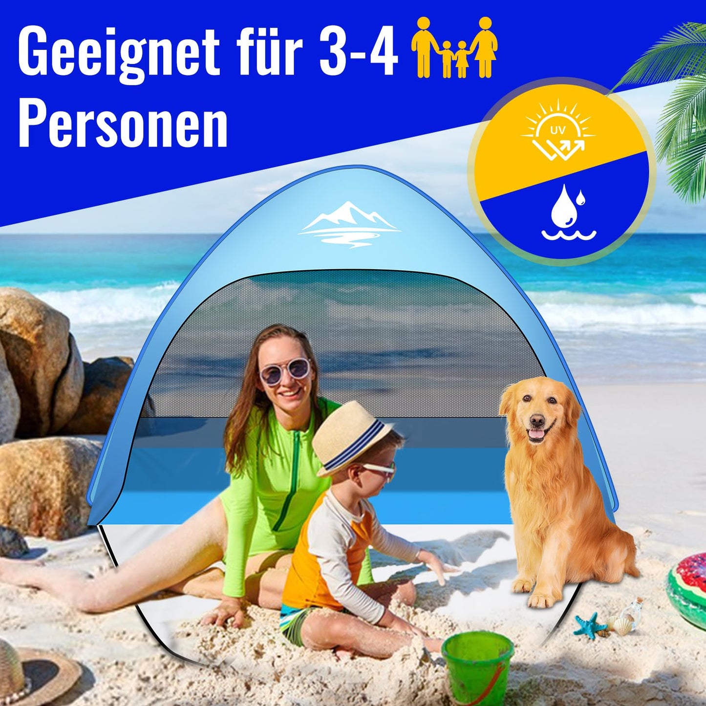 Purebox Beach Shelter Pop Up 3-4 Person Models, Pop Up Beach Shelter with UV Protection, UPF 50+ Beach Tent, Automatic Portable Beach Tent Pop Up Tent for Family Camping Garden Beach 240x200x135cm