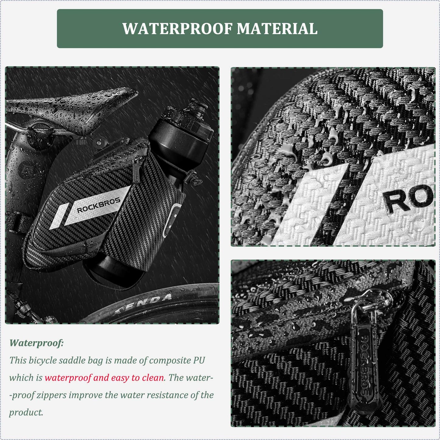 ROCKBROS bike saddle bag with bottle holder, reflective, suitable for MTB, road bike, folding bike. Black, approx. 1L capacity.