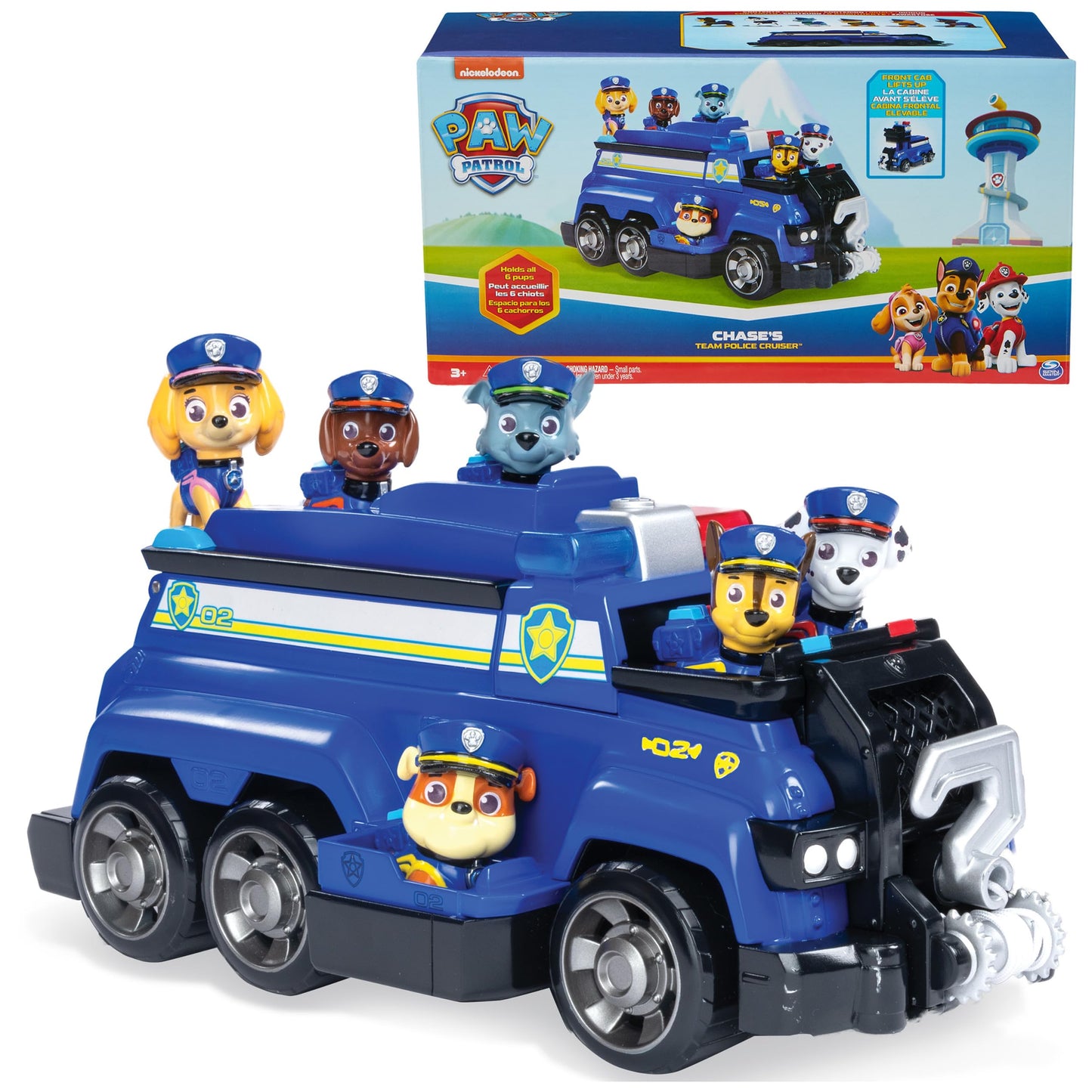 PAW PATROL Team Cruiser, a big vehicle featuring exclusive Chase, Marshall, Skye, Rubble, Rocky & Zuma action figures. Toys for boys & girls ages 3+.