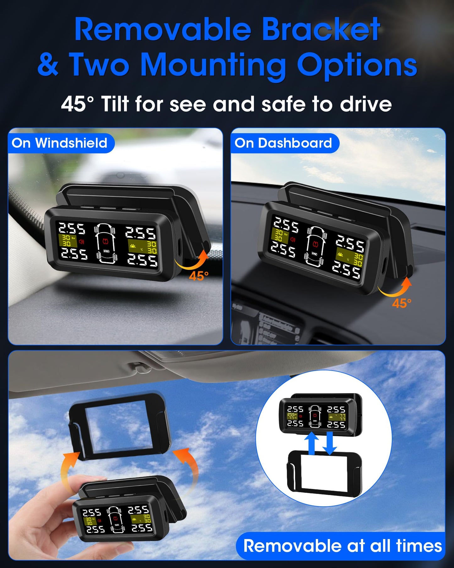 TPMS Tire Pressure Monitoring System with 2/4-wheel modes. High Precision Solar Charging TPMS with 3.5 inch Detachable Bracket and 4 External Tire Pressure Sensors for Car Van SUV 5-87 Psi.