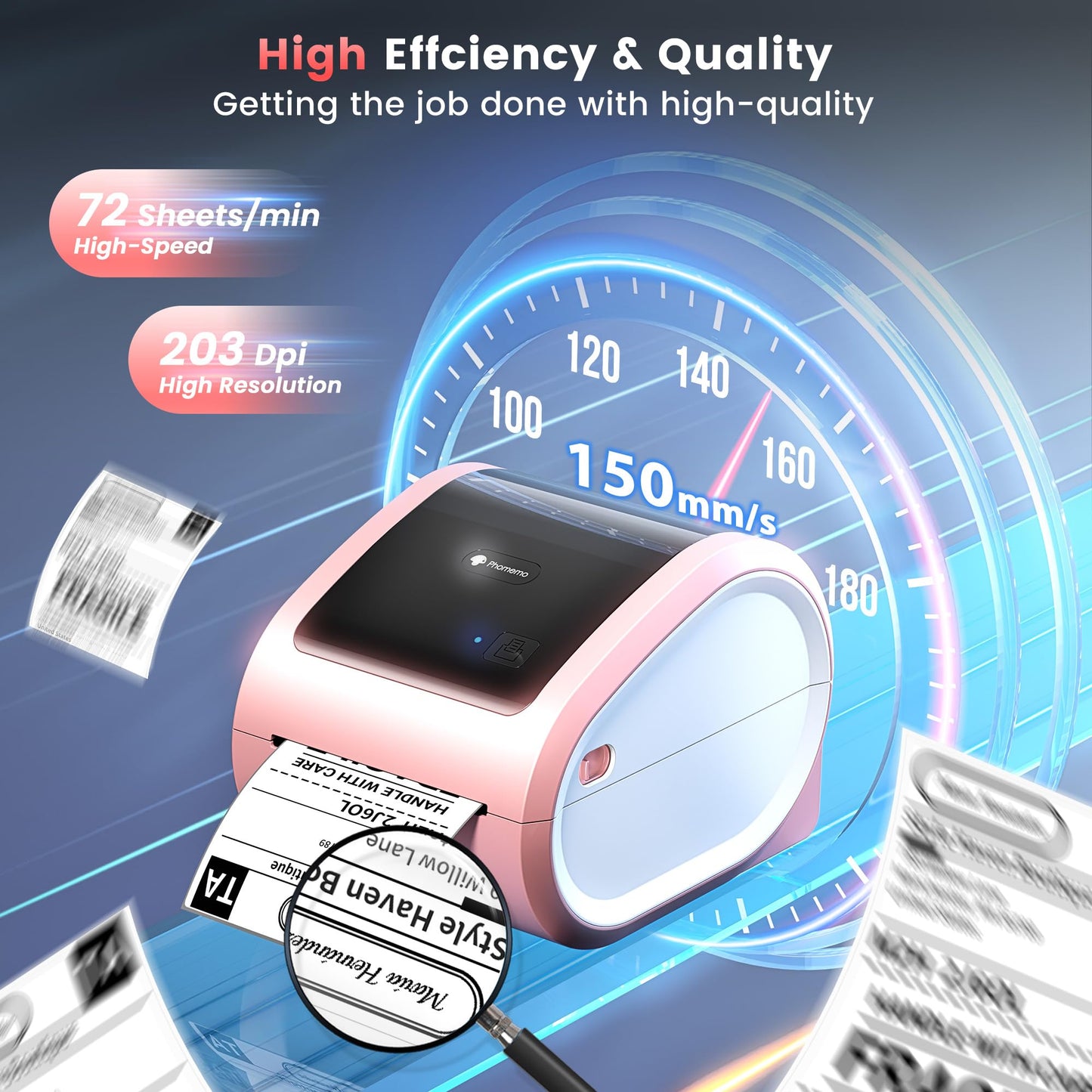 Phomemo D520BT Bluetooth thermal printer - DHL label printer for 4X6 labels, barcode shipping labels compatible with Ebay,Amazon,Etsy,Shopify, UPS,FedEx etc, Pink.