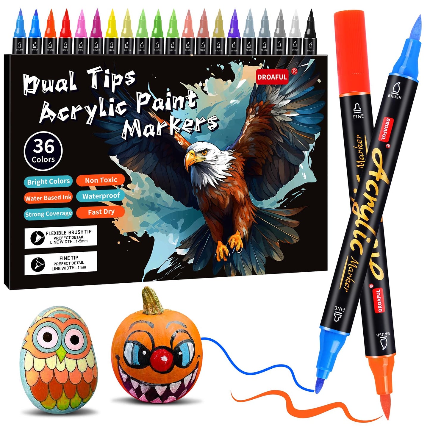 Acrylic paint pens for stones, 36pc. Waterproof, dishwasher safe. Can be used on stones, porcelain, glass, canvas, ceramic, wood, metal, plastic. Quick-drying, non-toxic, odorless.
