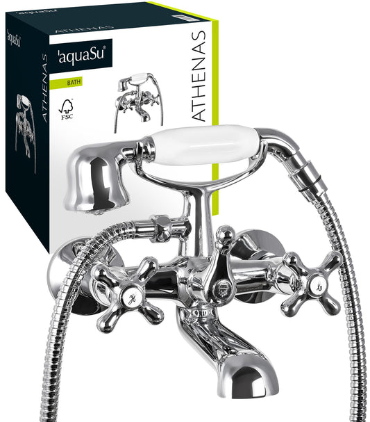 aquaSu® Two-handle mixer Athena for bathtub including shower set | Retro faucet | Diverter bathtub faucet | Tub battery | Nostalgic two-handle faucet | Cross handles | Chrome | 76802 3