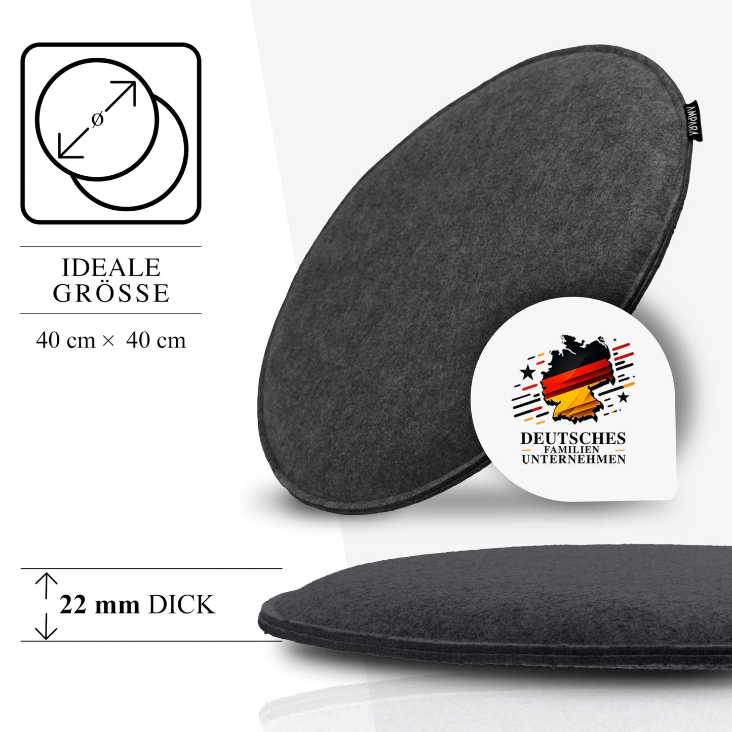 Ampara - 4 piece set - Elegant round chair cushions 40cm - non-slip & cozy, round felt seat cushions, dark gray