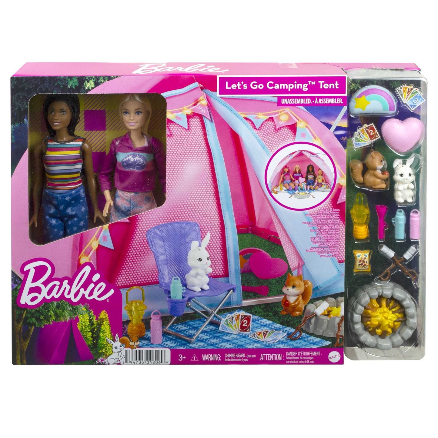 Barbie Adventure Camping Playset with tent, 2 Barbie dolls, camping accessories, and animals. Gift for kids ages 3 and up.