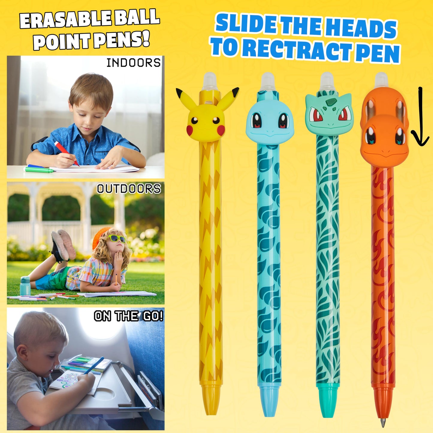 Pokemon Erasable Ballpoint Pen Kids 4-Pack Set Blue Ink Pikachu Rollerball with Eraser School Gifts for Boys and Girls