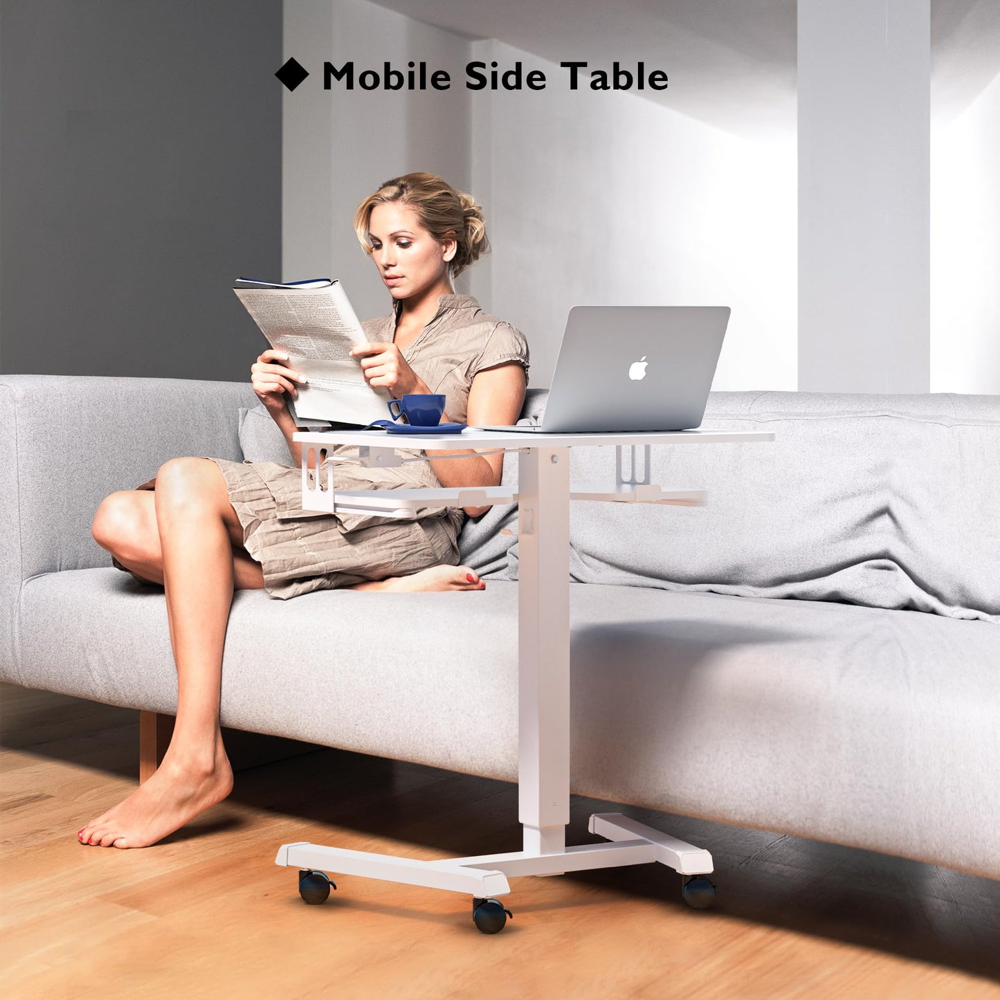 BONTEC Height Adjustable Desk with Keyboard Tray, Mobile Podium, Computer Workstation up to 15 kg, Laptop Sitting or Standing Desk on Wheels, Adjustable Standing Desk, White.