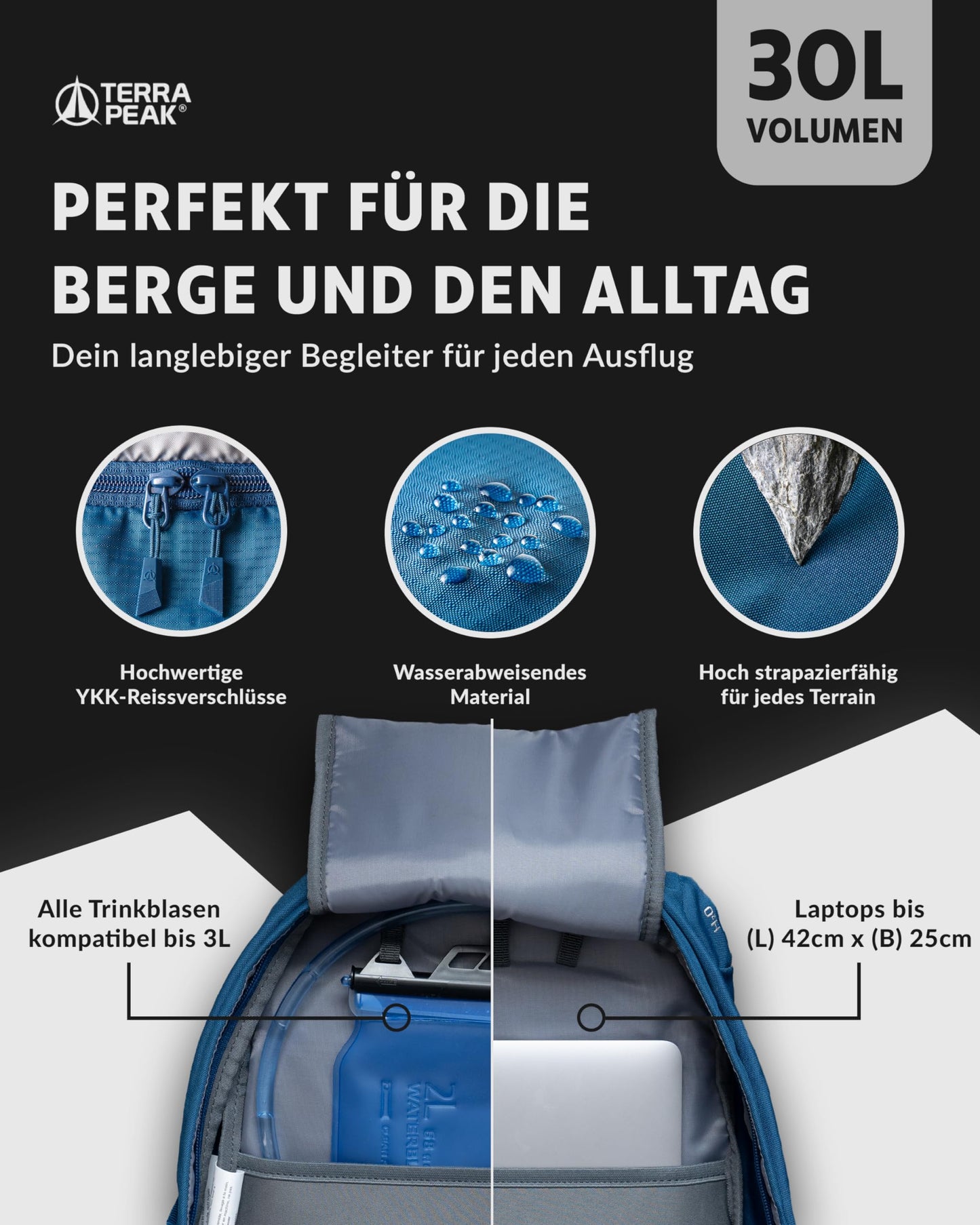Terra Peak hiking backpack 30L men women adults blue small - Outdoor bike backpack touring backpack - Waterproof daypack ski backpack - Survival hiking backpacks easy to carry Flex 30