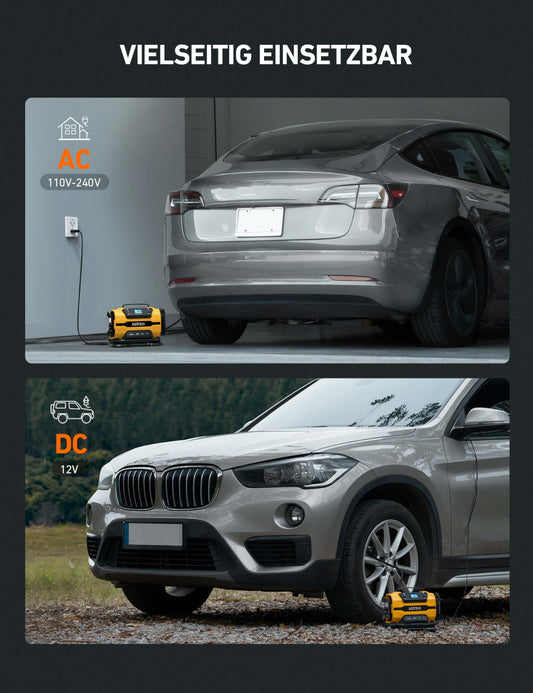 AstroAI Portable Air Compressor for Car 12V DC/230V AC Dual Power Sources, high-pressure up to 10.3 bar, max airflow of 350 L/min, versatile air pump for bike, car, inflatables, air mattress