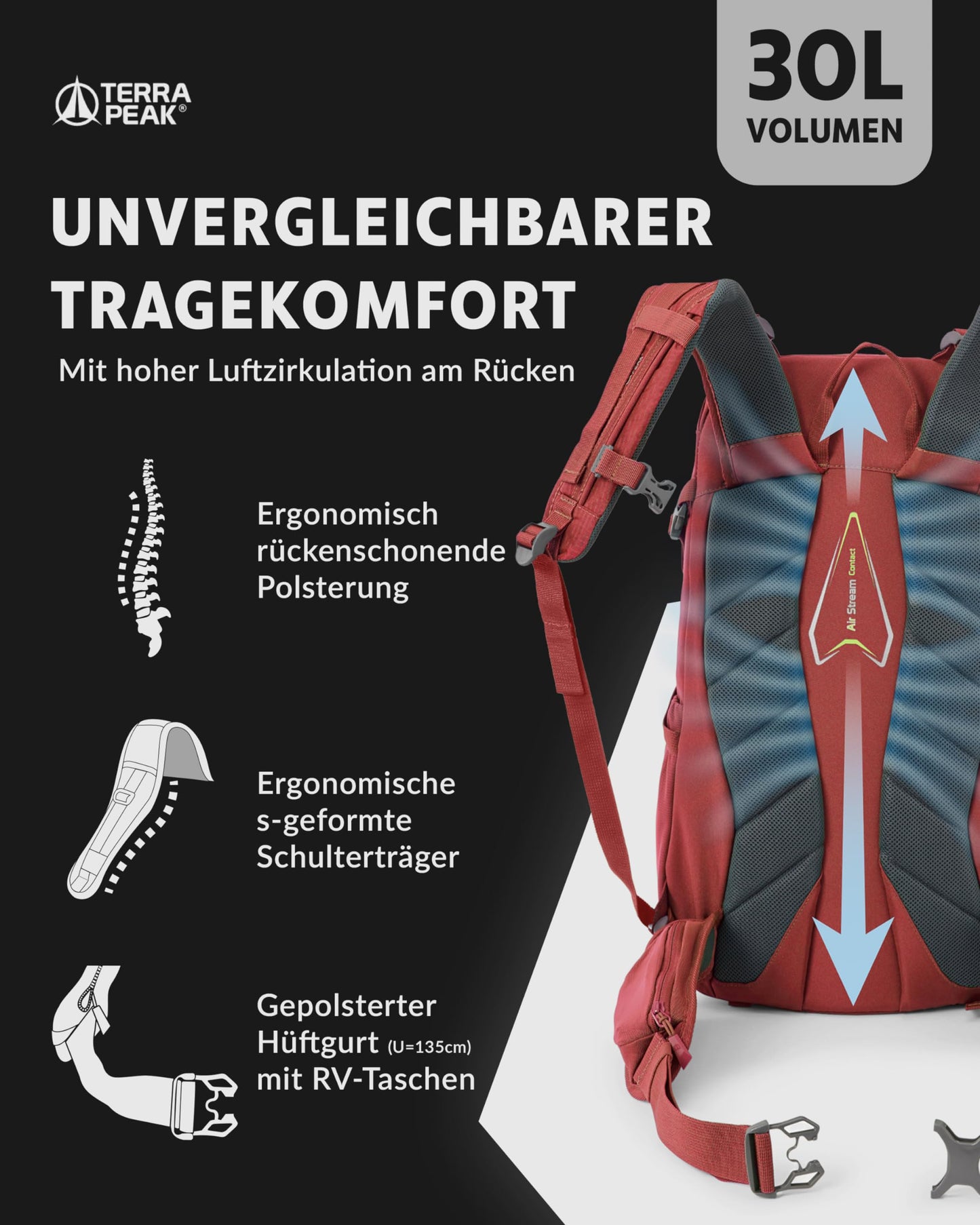 Terra Peak Hiking Backpack 30L Flex 30 Men Women red - Outdoor daypack for hiking - Lightweight waterproof daypack for sports activities - Ergonomic backpack with removable hip belt Adults