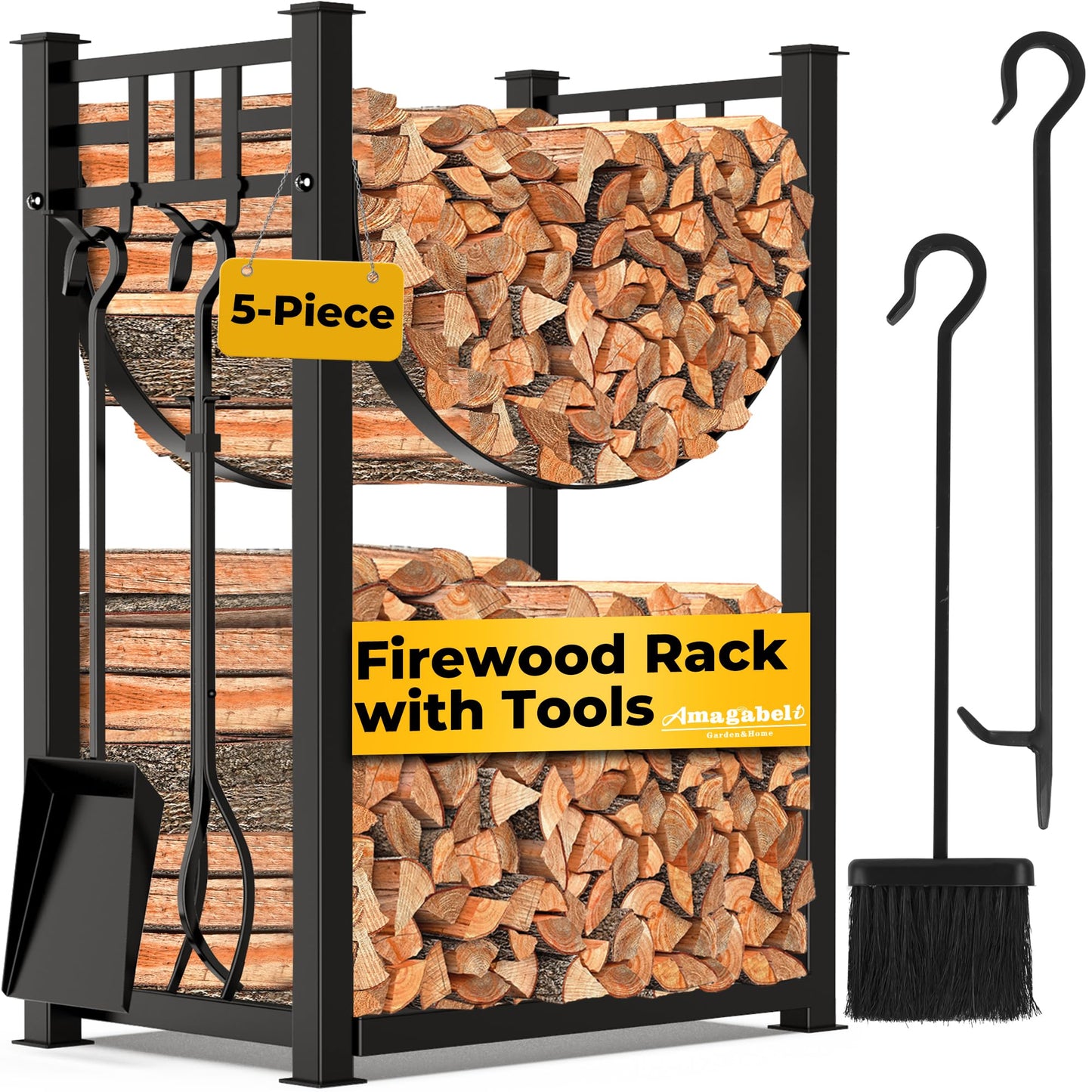 Amagabeli Firewood Rack with 4 Fireplace Tools 80cmx40cmx30cm for Indoor Outdoor Log Holder with High Firewood Rack Fireplace Wood Storage Stacking with Wrought Iron Tools Black
