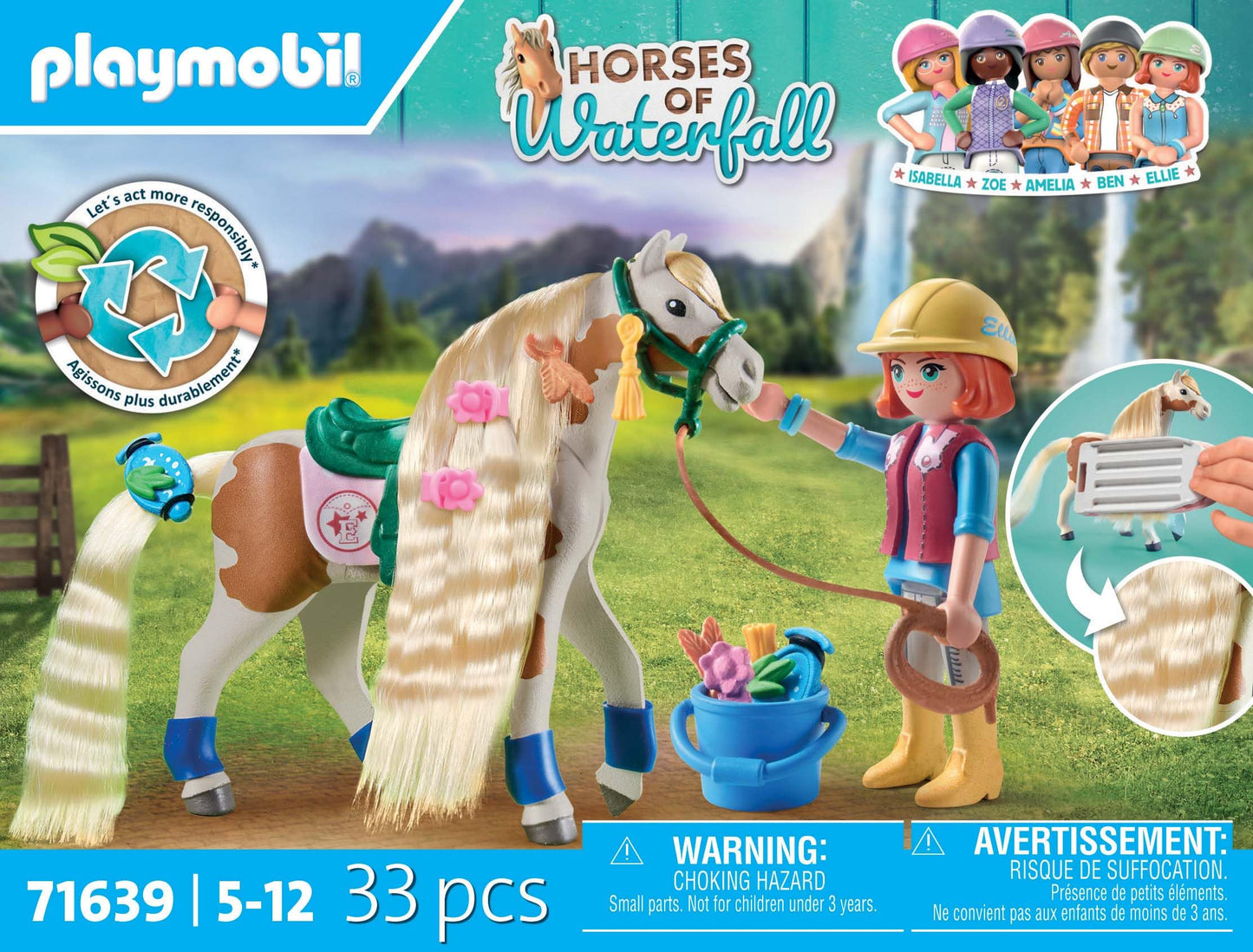 PLAYMOBIL Horses of Waterfall 71639 Ellie & Horse with styling iron, including hair accessories for creative horse hairstyles and two real silicone bracelets, sustainable toy for kids ages 5 and up.