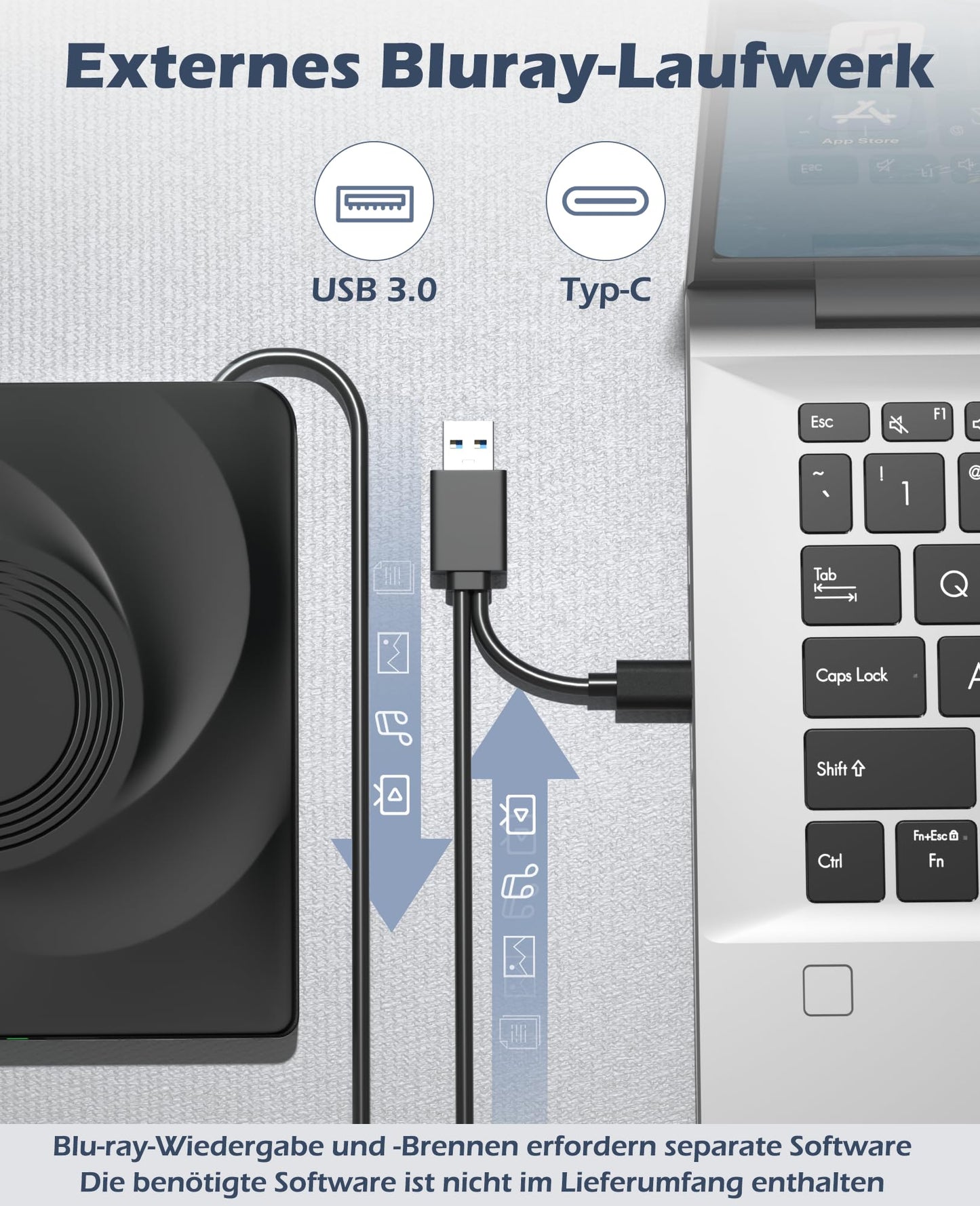 External Blu-ray drive with USB 3.0 and Type-C connectivity. Compatible with Windows, MacOS laptops, and desktops. Perfect for burning CDs/DVDs and playing Blu-ray movies.