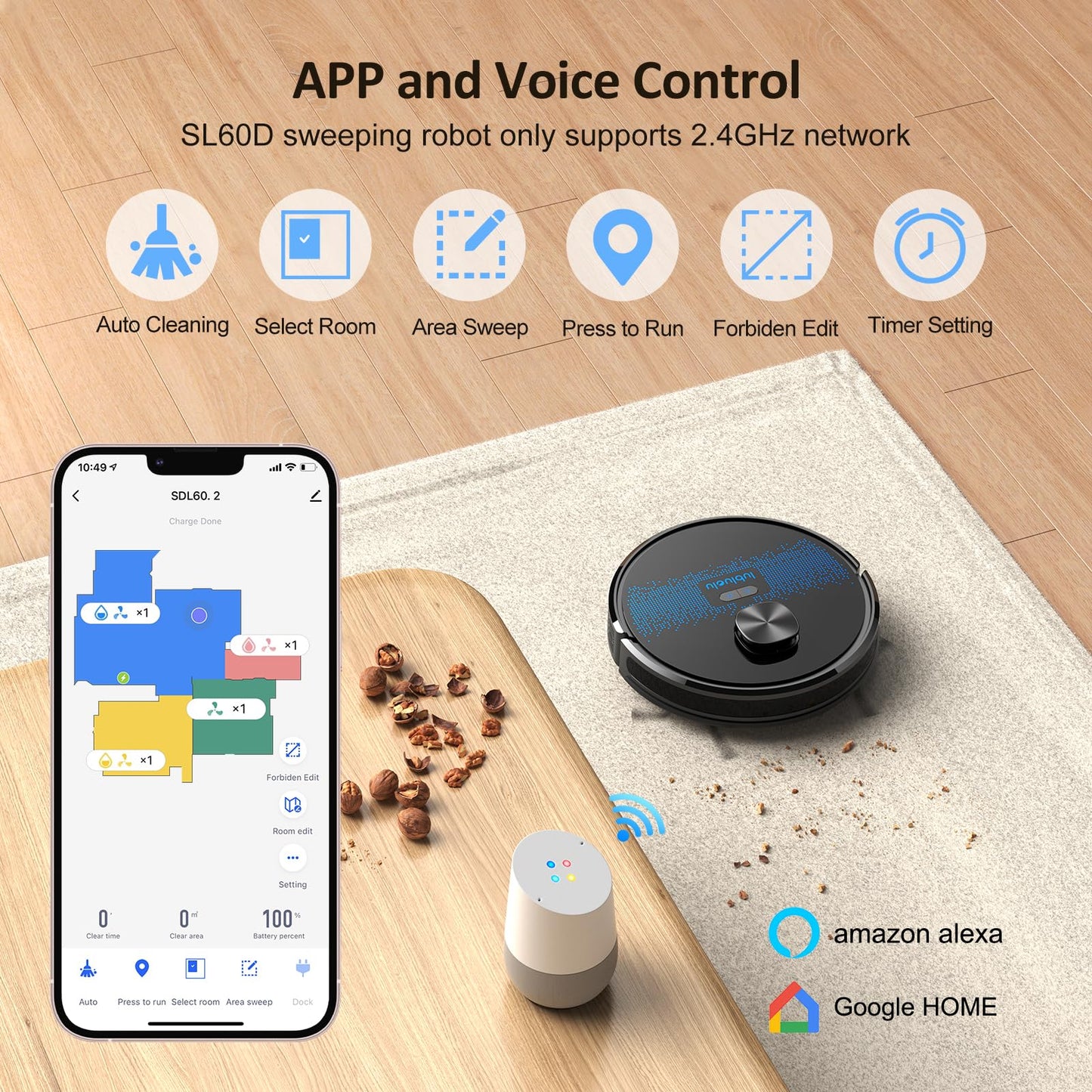 Lubluelu robotic vacuum cleaner with mopping function 2-in-1, 4000Pa suction robot laser navigation with 5 maps, 55 dB robot vacuum with app control, great for pet hair, carpets, hard floors, blue (SL60D)