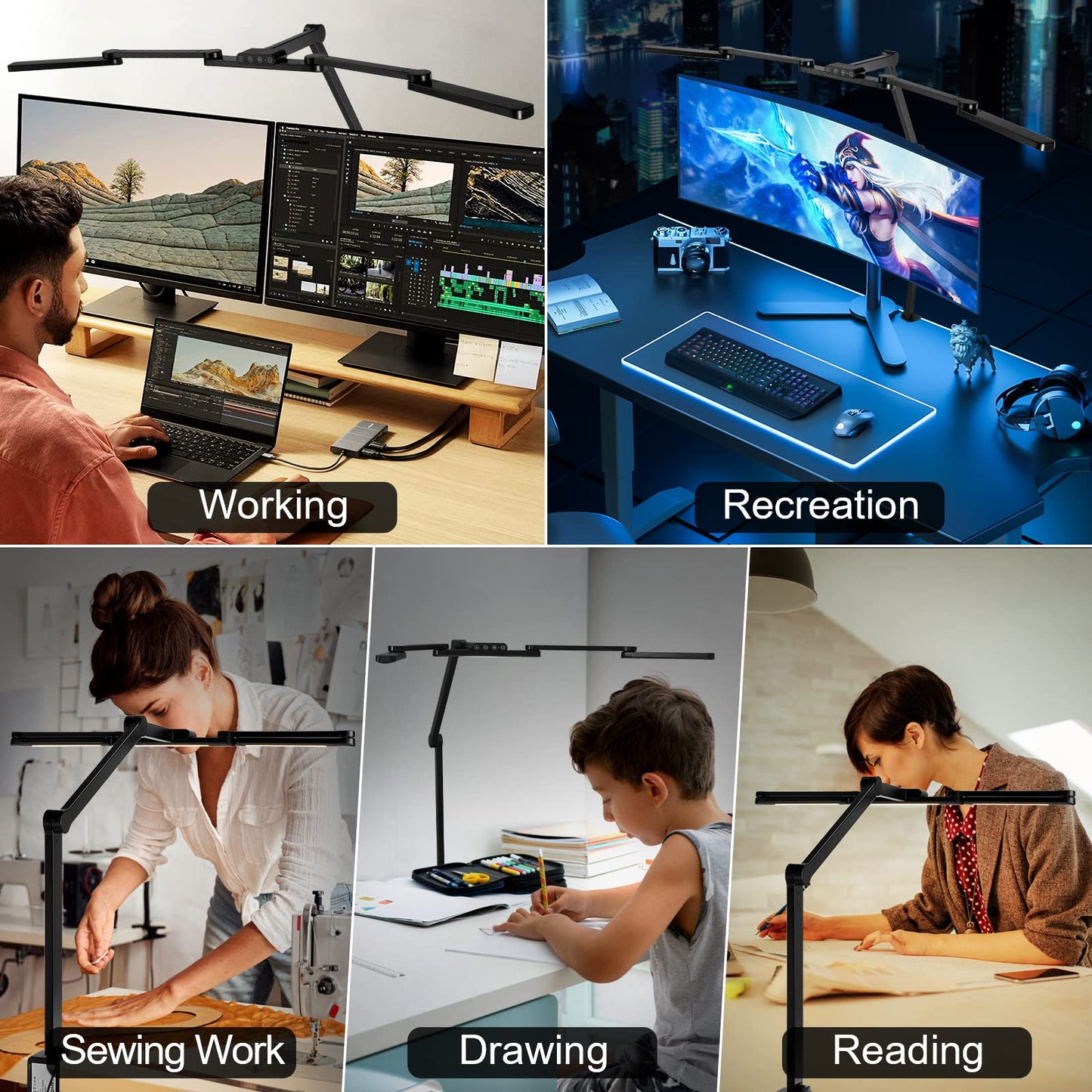 Lightess LED Desk Lamp Dimmable 105cm 24W Clip-on Double Head Desk Lamp Touch Table Lamp Monitor Light 5 Color Temperature Brightness Levels Daylight Lamp for Architects Home Office