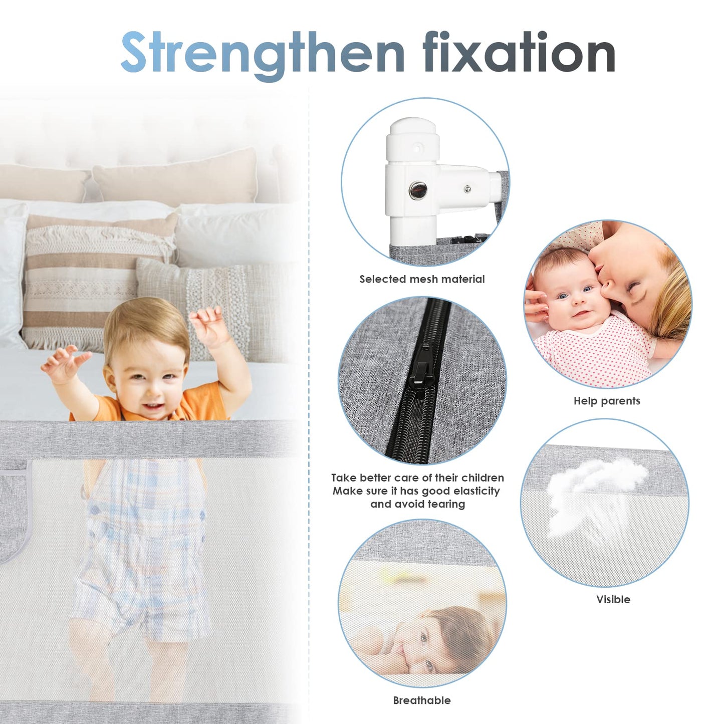 Owlke 200cm bed guard rail, bed rail for children, adjustable height from 80-96cm, guard rail for toddlers, baby bed rail, children's bed guard rail, fall protection for kids, gray.