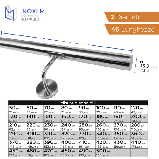 INOXLM Stainless Steel Handrail ⌀ 33.7mm Staircase railing Stainless Steel AISI 304 with Satin Finish, Staircase railing Made in Italy, Stainless Steel Handrail DIY, Ideal staircase railing for interior and exterior (160 cm)