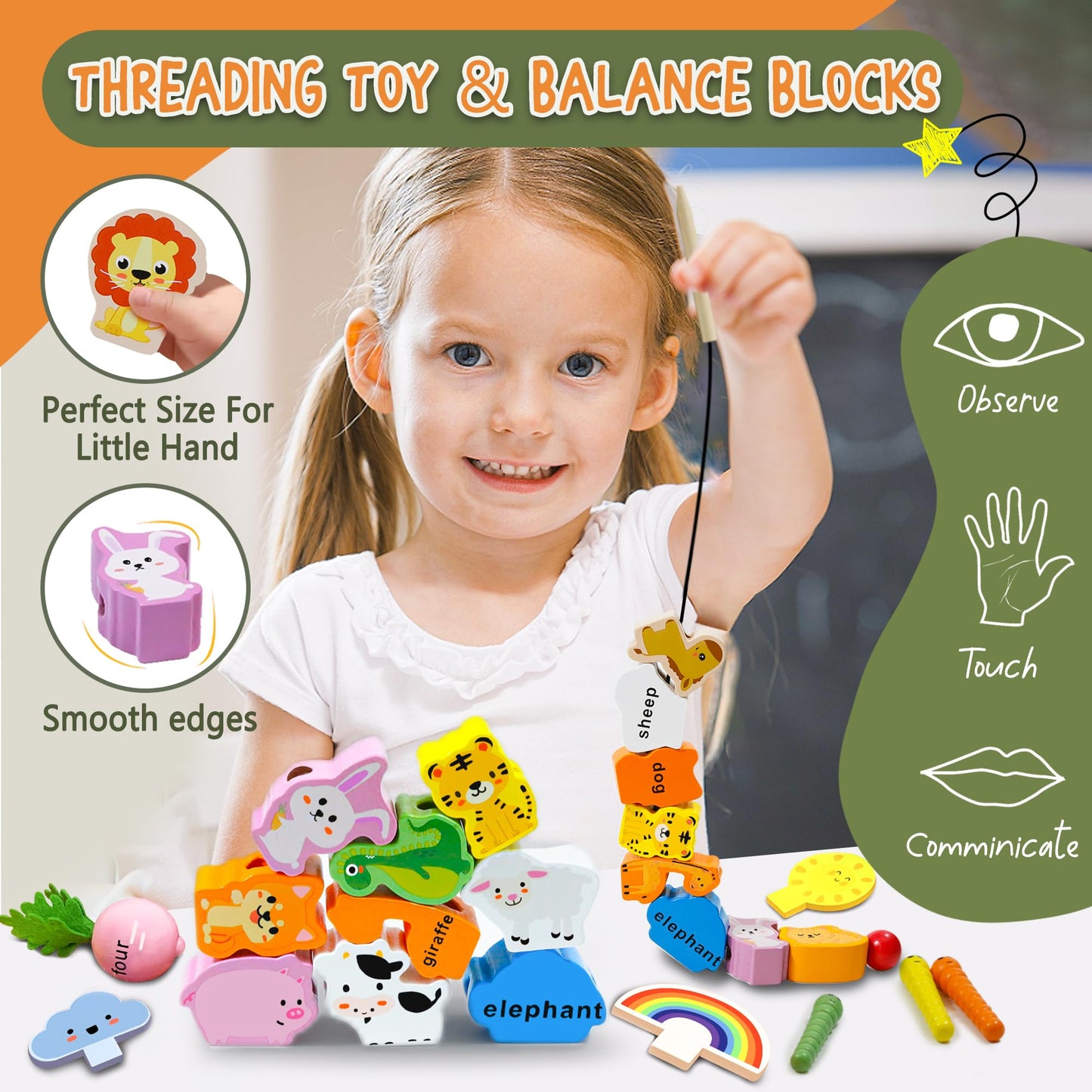 MutoToy® Montessori Toy for 1 year olds, 6 in 1 Multifunctional Wooden Toy for 1 2 3 year old kids, Farm Motor Skills Toy made of wood, Animal Sorting and Stacking Learning Toy Gift for Girls Boys.