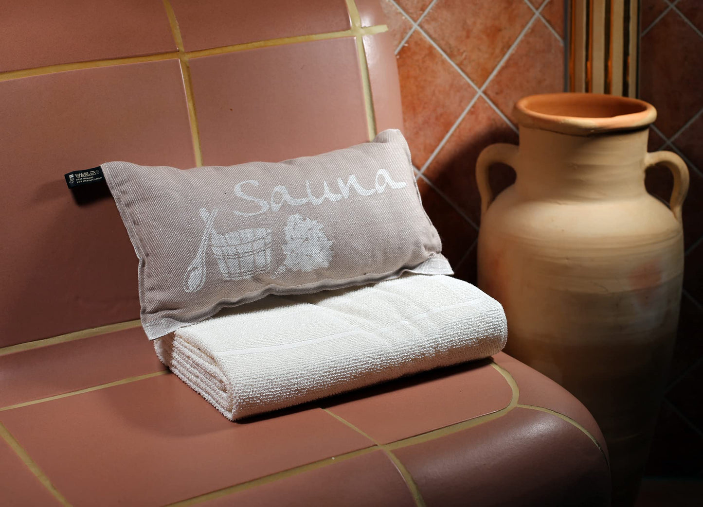 JOKIPIIN | 1 x Favorite Sauna Pillow Travel Pillow | Design: Sauna | Dimensions: 40 x 22 cm, Linen/Cotton | Certified pollutant-tested Ökotex 100 | Made in Finland (Beige/White)