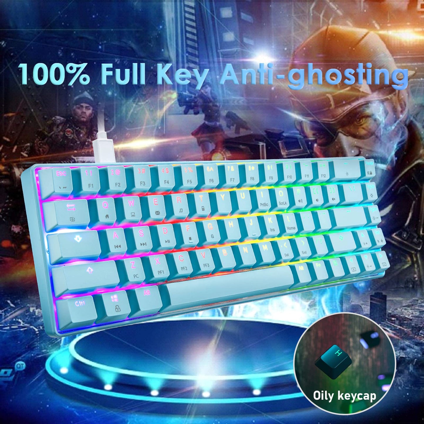 60% mechanical gaming keyboard, blue switch, mini-68 keys, wired, Type C, 18 backlight effects + lightweight optical RGB mouse with 6400 dpi, honeycomb mouse + large mousepad - Blue
