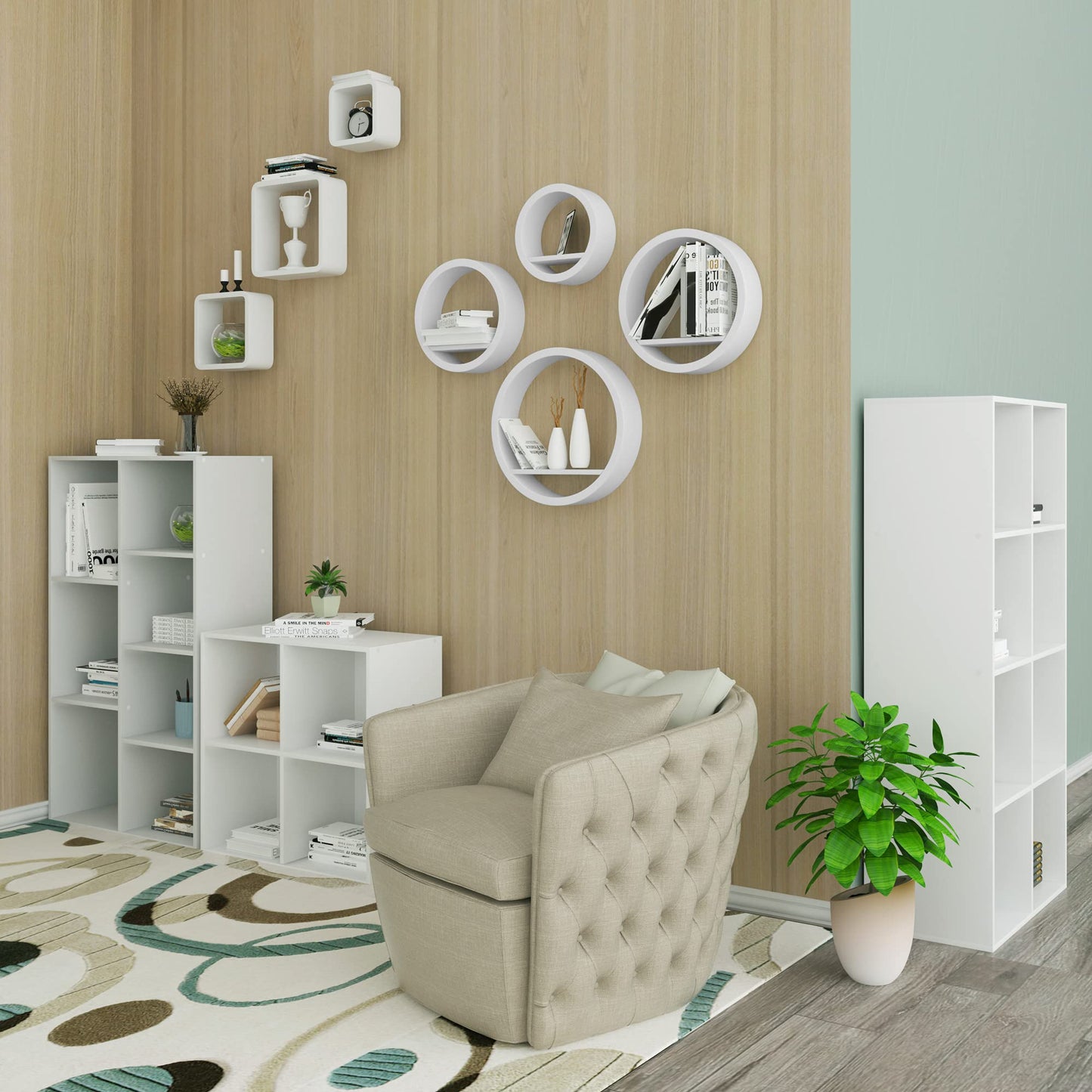WOLTU wall shelf 4-piece set floating round shelves book, cube hanging shelf wall board, white, for office, living room, bedroom, kitchen, 39.6/34.5/29.5/24.5 cm diameter.