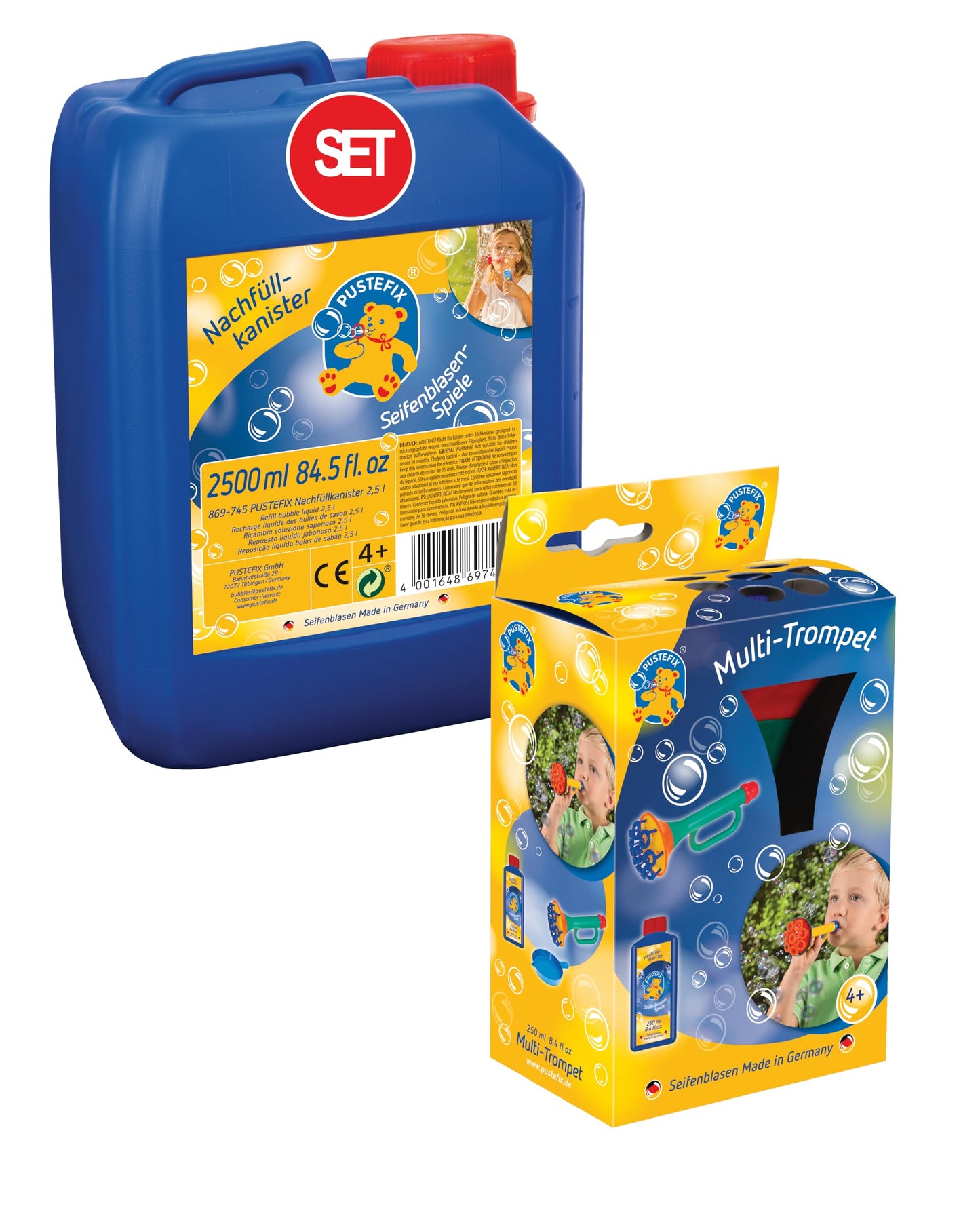 PUSTEFIX Multi-Bubble Trumpet + 2.5L Refill Canister of Bubble Solution I Colorful Bubbles Made in Germany I Bubble Toy for Kids' Birthdays, Weddings I Fun for Kids & Adults