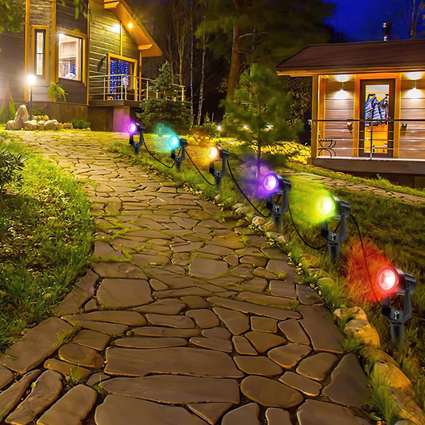 Gimisgu garden lighting LED, 6 in 1 RGB color changing garden lights LED with ground spike, 6-piece set garden lamp pathway lighting with plug and remote control, IP65 waterproof for garden pond.
