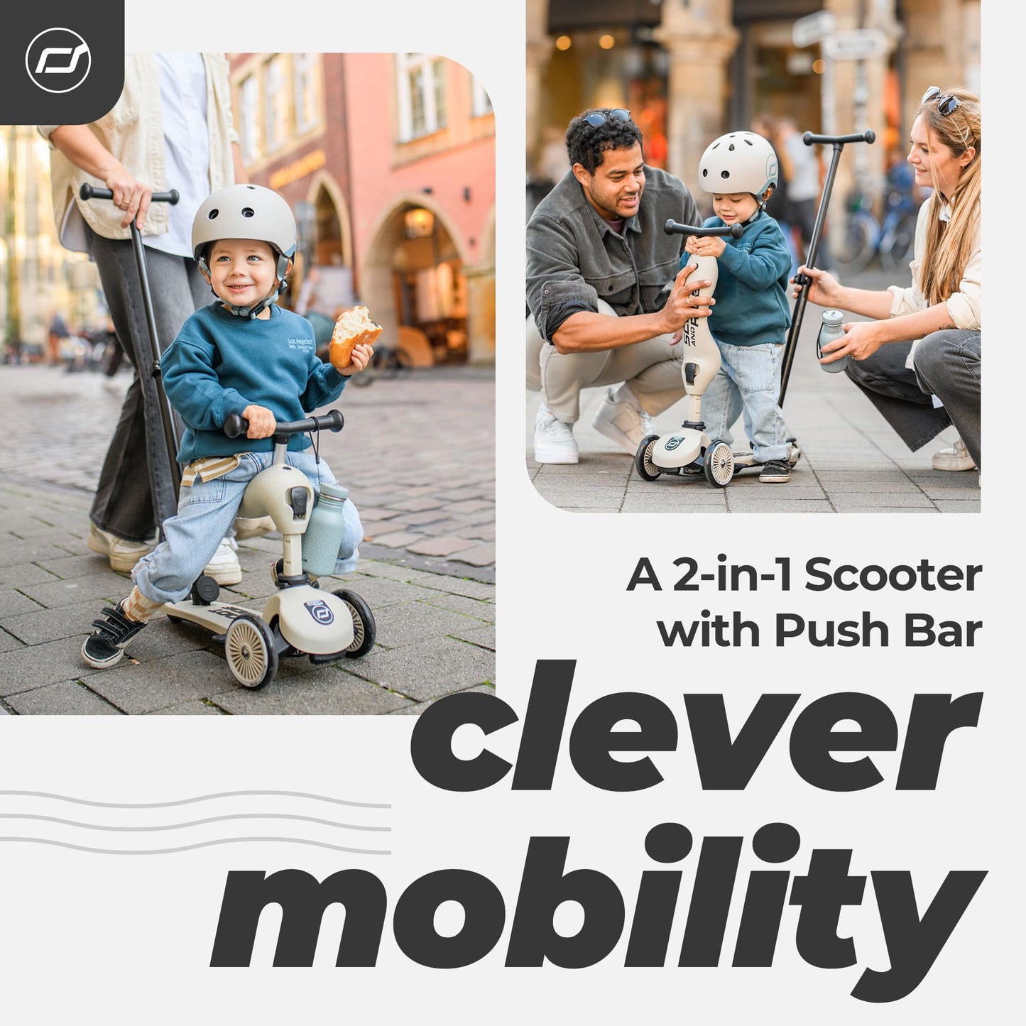 Scoot & Ride Highwaykick 1 Push and Go - 2in1 scooter & balance bike with push bar, adjustable height, for ages 1+, includes safety pad & footrests, color: Ash.