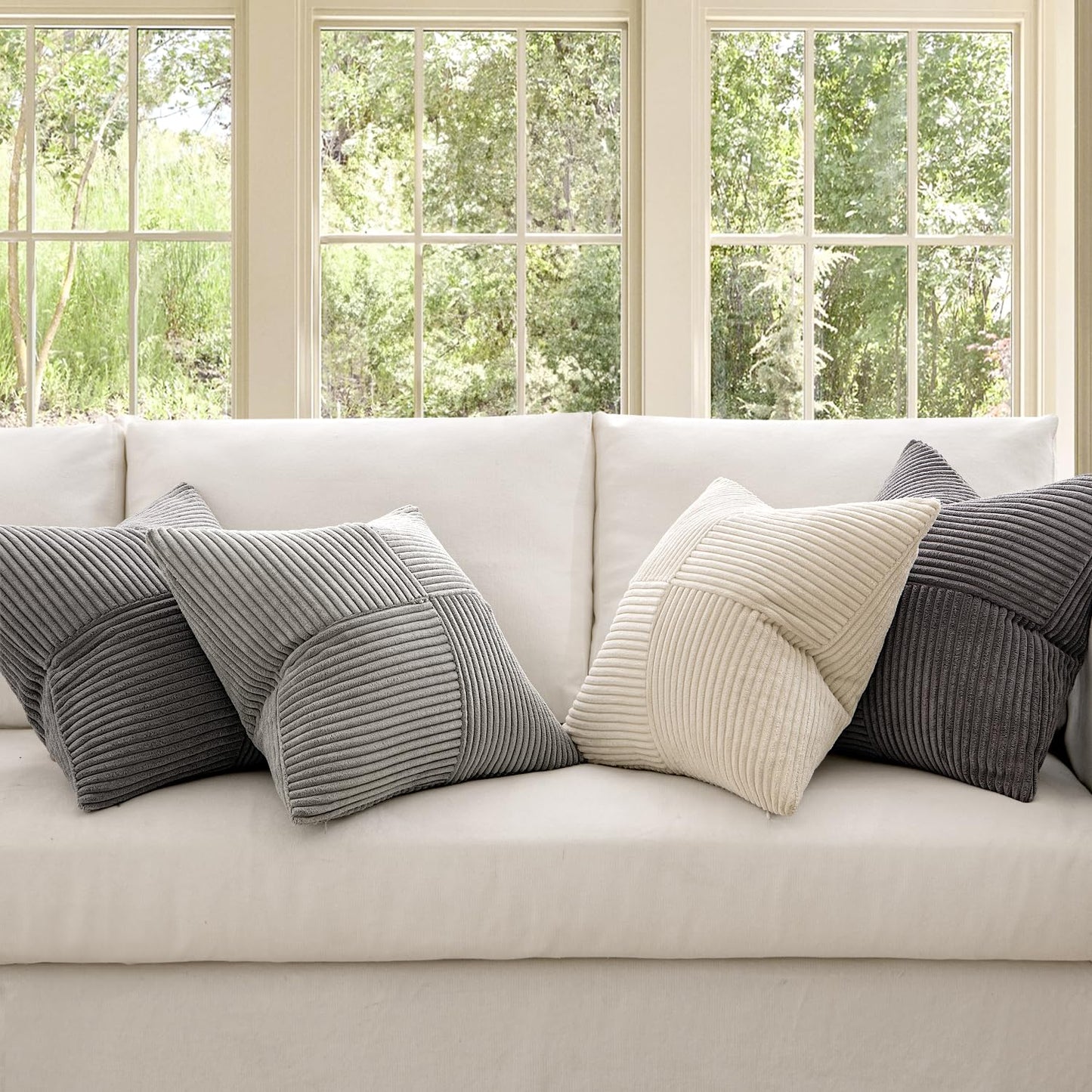 MIULEE 4-Pack Corduroy Pillow Cover Patchwork Cushion Case Soft Decorative Modern Invisible Zipper Throw Pillow Covers for Sofa Living Room Bedroom Grey Series 45x45 cm