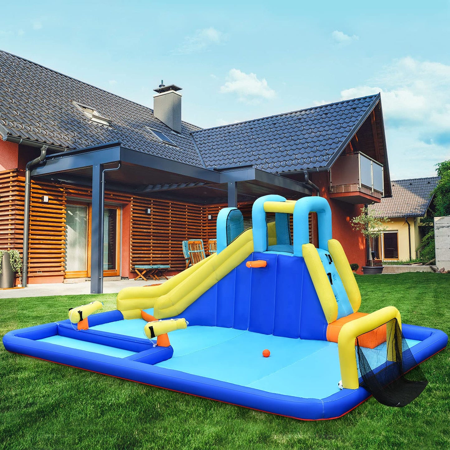 GOPLUS Inflatable Bounce House, Water Park with Slide & Climbing Wall & Water Gun & Soccer Goal, Kiddie Pool for Children 3-12 Years, Includes Carrying Bag, Repair Kit, 526x373x203cm (Excluding Blower)