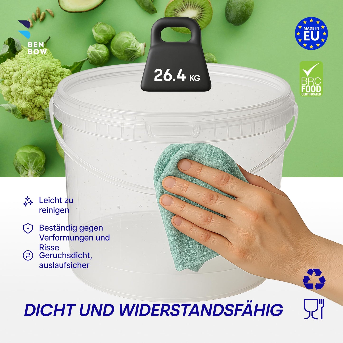 BenBow Bucket with Lid 10L transparent 100x 10 liters - food-safe, sturdy, airtight - Plastic storage container, with handle - empty