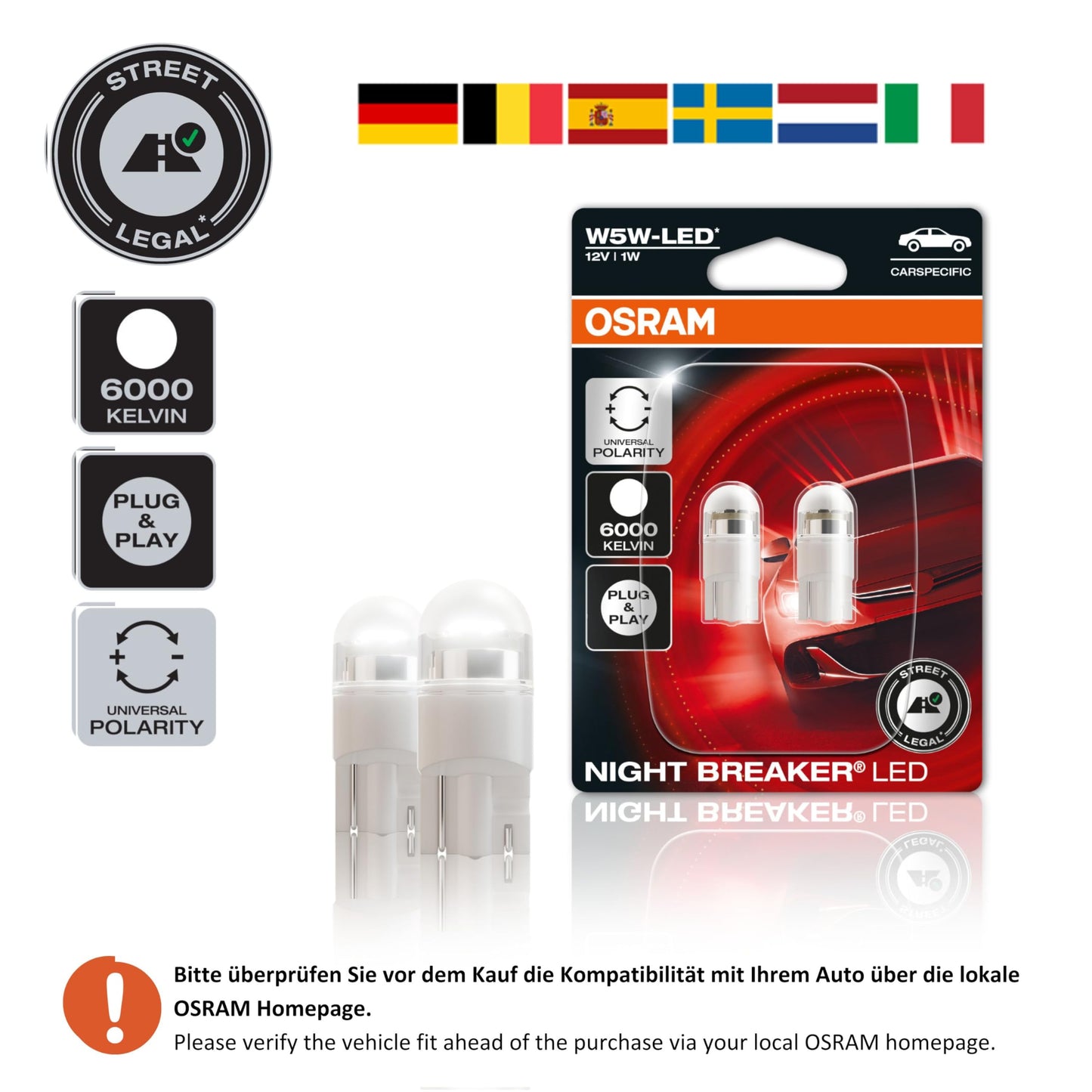 Osram NIGHT BREAKER LED W5W - CARSPECIFIC, 6,000K, first road legal upgrade lamp, model-specific parking light/position light/interior lighting.