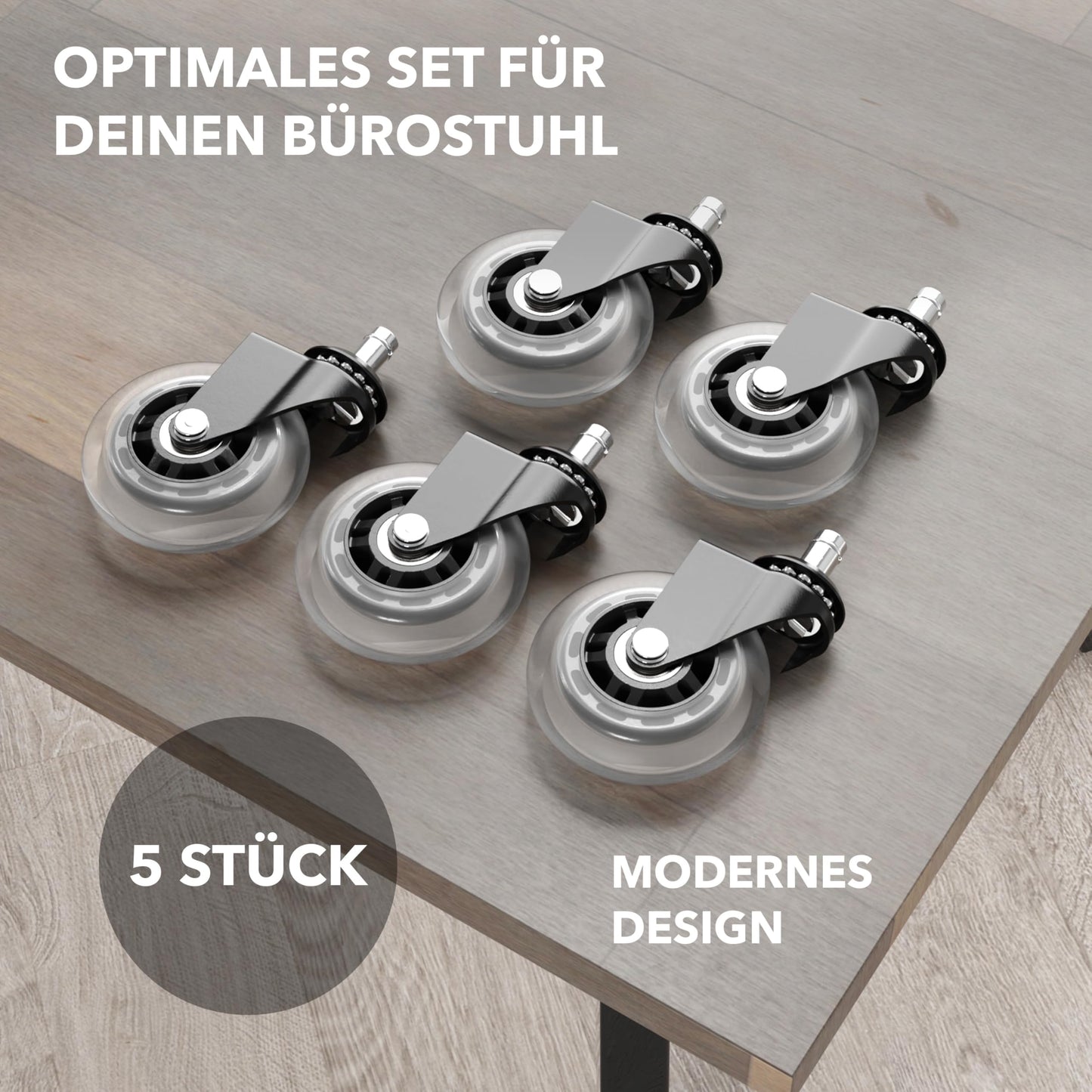 XeloTech 5-piece set of hard floor casters for IKEA office chair - 10mm x 22mm stem - Very quiet office chair casters - No more floor protection mat - No scratches on the floor with these premium casters.