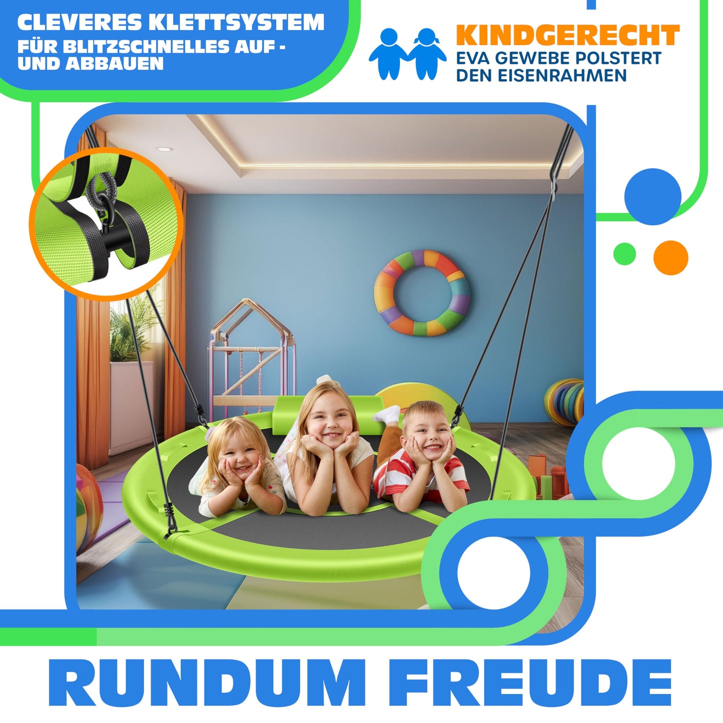KESSERยฎ Nest Swing Plate Swing Hanging Swing Round Swing ร 100cm Swing load capacity up to 300kg with cushion & 4 handles adjustable Kids Swing Indoor & Outdoor for Children & Adults Green
