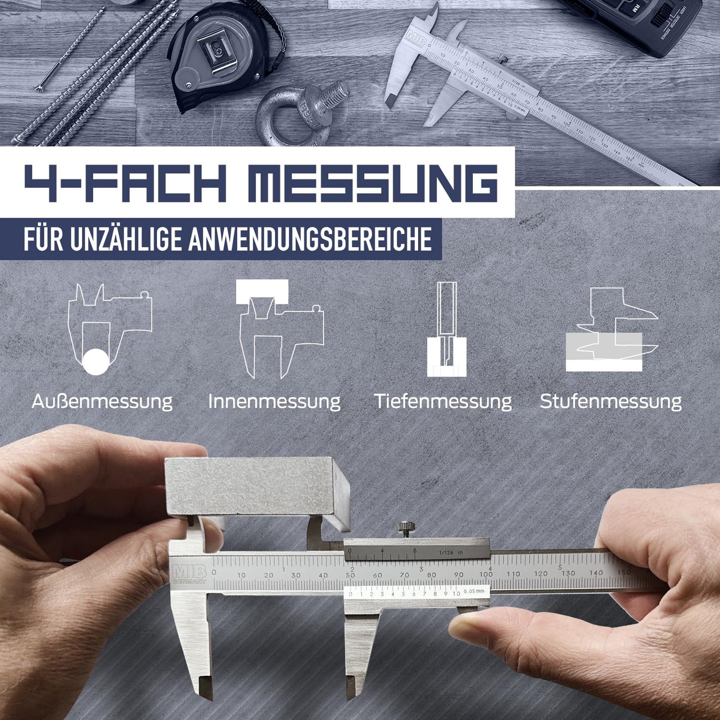 MIB Vernier caliper with locking screw DIN 862 150mm | Stainless steel caliper | Analog caliper | Vernier caliper with matt chrome finish | Precision measuring instrument for 4-way measurement | Measuring tool