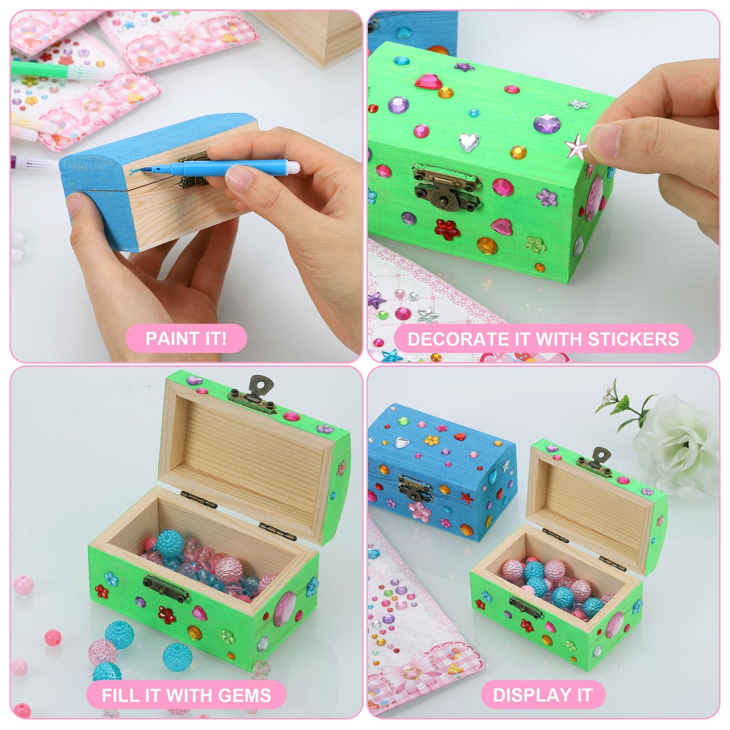 Fentar 10pcs Treasure Chest Kids Birthday, Wooden Treasure Chest Crafting Set, Small Treasure Chest for Kids, Wooden Box with Lid, Treasure Chest for Painting Kids Birthday with Markers Stickers