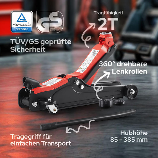 Arebos 2T Hydraulic Trolley Jack - Low-profile jack with lifting range of 85-385 mm - includes 4 rubber pads - jack for car vehicle automotive - sturdy jack & stand for workshop and garage.