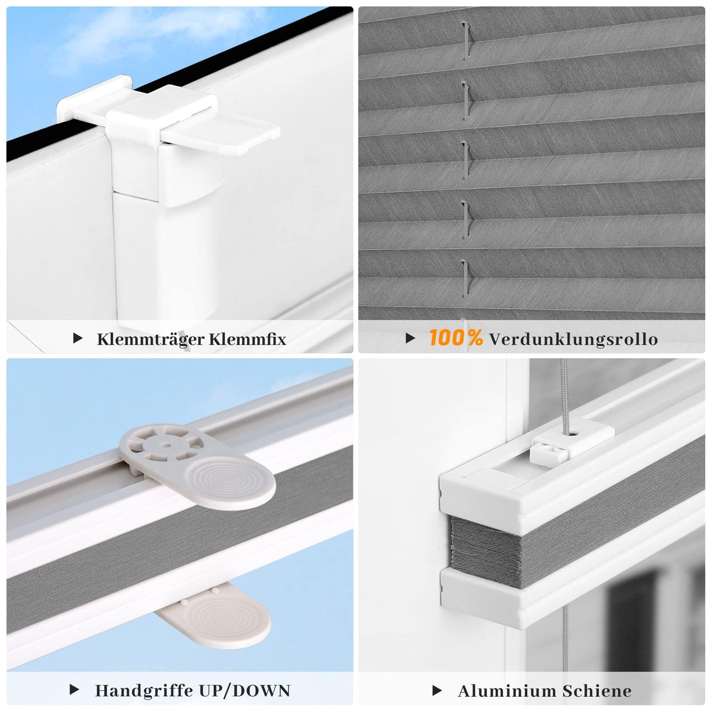 HOMEDEMO Pleated blind without drilling, blackout, thermal pleated blind with clamp fixing, gray 40x110cm (WxH). Blackout pleated blind 100% lightproof for windows, opaque privacy sun protection.
