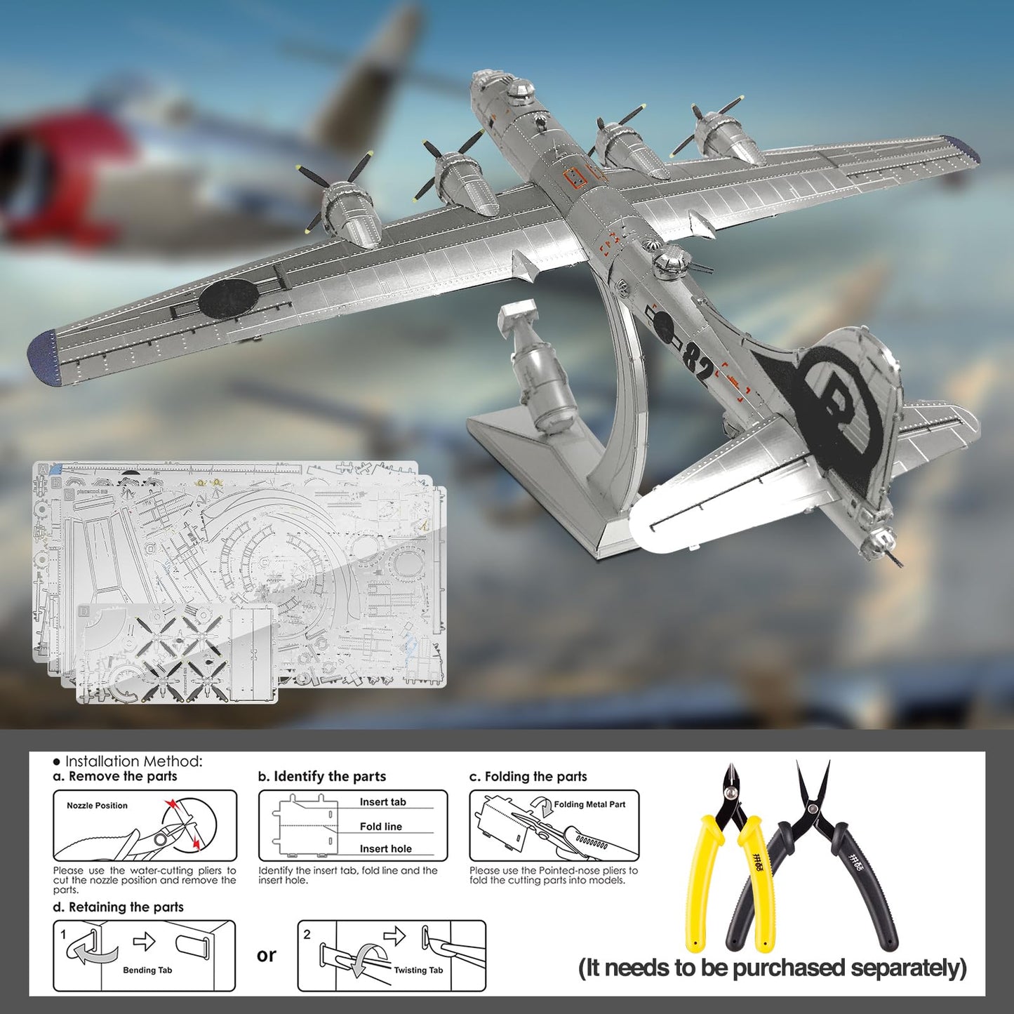 Piececool 3D Metal puzzle aircraft model B-29 Bomber Superfortress, for 340 stainless steel, full metal, 1:1 restore, birthday gift, adult model kit, 150 pieces.