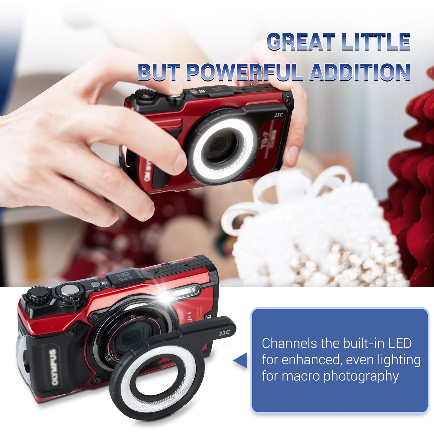 JJC Macro LED Light Guide Ring for Olympus Tough TG-7 TG-6 TG-5 TG-4 TG-3 TG-2 TG-1 TG7 TG6 TG5 cameras, TG series camera dedicated LED light guide attachment ring lighting macro photography accessory