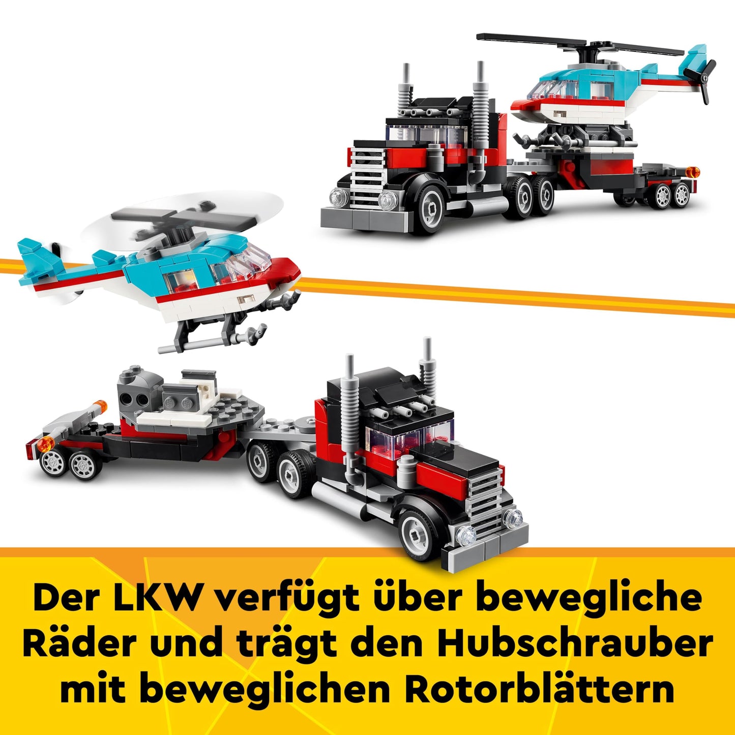 LEGO Technic NEOM McLaren Extreme E Race Car Set, car toy with pull-back motor & Creator 3in1 Low Loader with Helicopter, vehicle set with helicopter and truck toys.