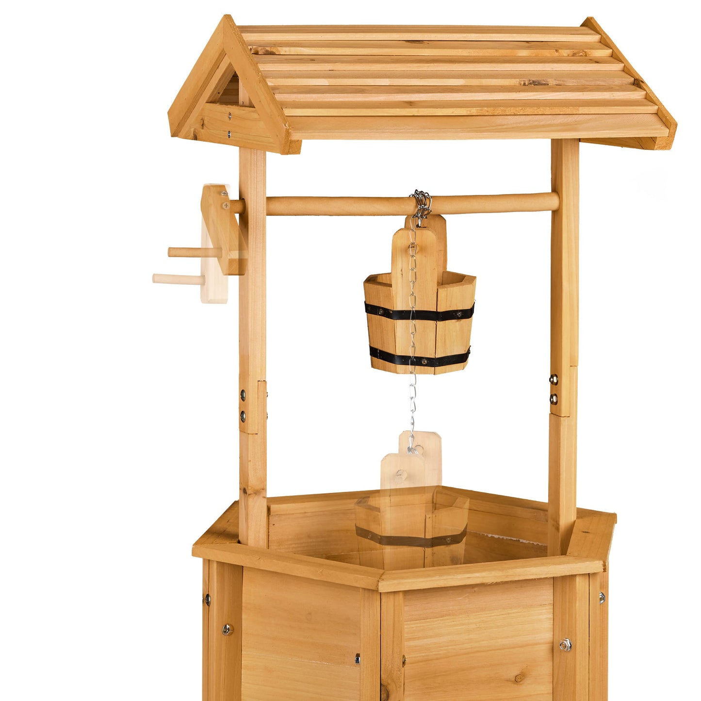 Relaxdays decorative fountain for garden made of wood, with rolling bucket design, dimensions HxWxD: 82 x 47 x 41 cm, ornamental fountain, garden decoration, wooden fountain, natural.