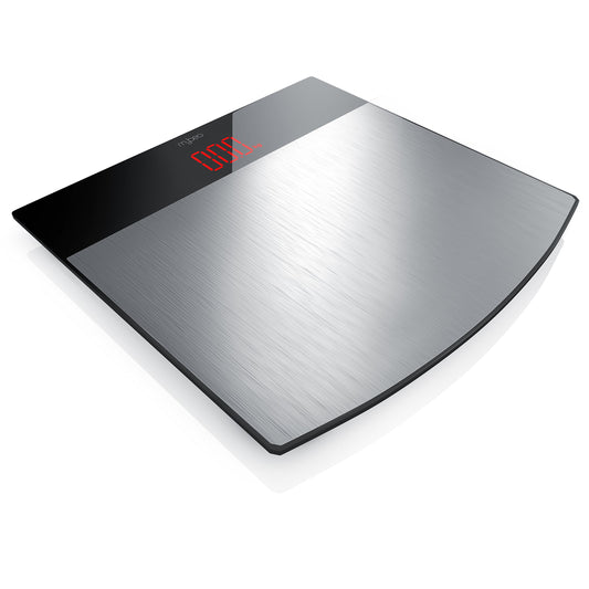 Digital body scale in slim design - bathroom scale made of stainless steel - digital personal scale - max. 150kg - 4x DMS measuring sensors - 3.5 inch LED display - stainless steel rust-free