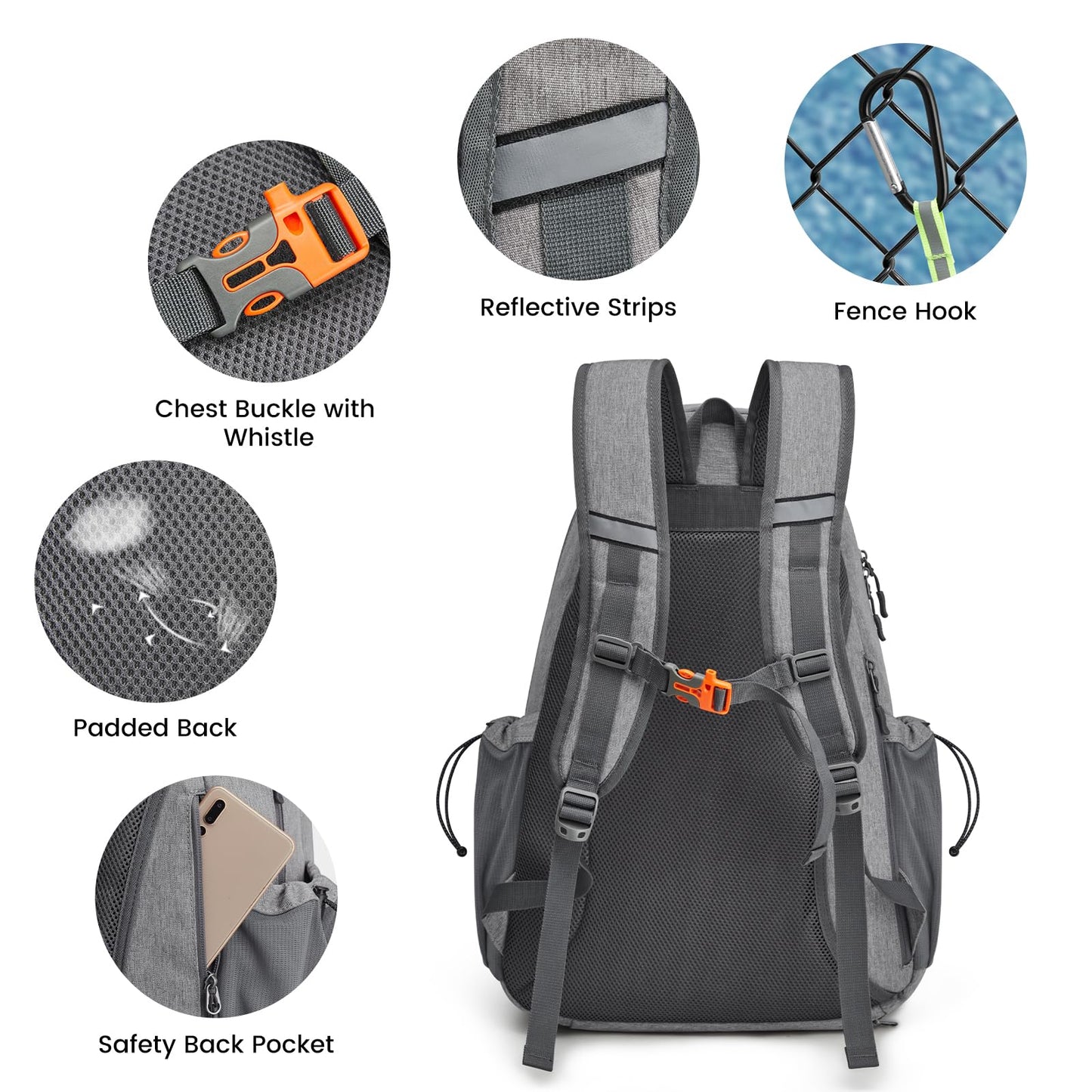 G4Free Tennis Bag, Tennis Backpack for men and women, large Pickleball bag, holds 4 rackets with shoe compartment, grey, L, Casual daypack